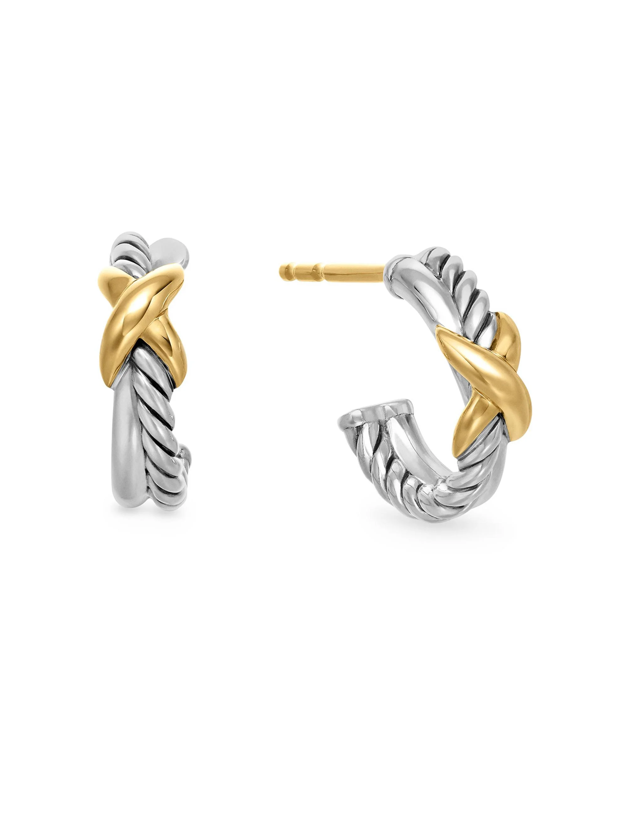 Women's Petite X Hoop Earrings in Sterling Silver with 18K Yellow Gold, 12.6MM - Diamond - 1
