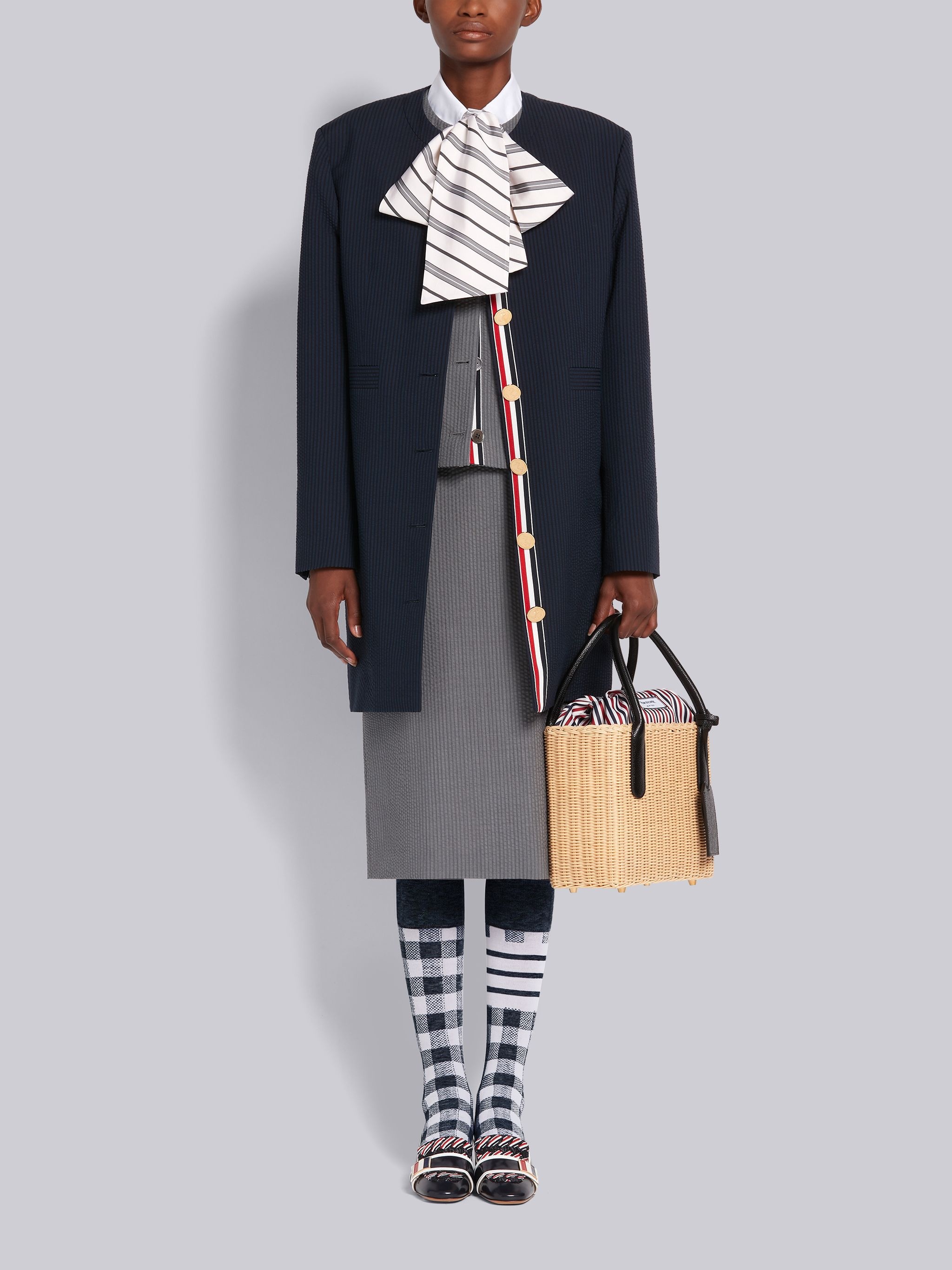 Navy Wool Seersucker Crewneck Cardigan Mini Coat - 4