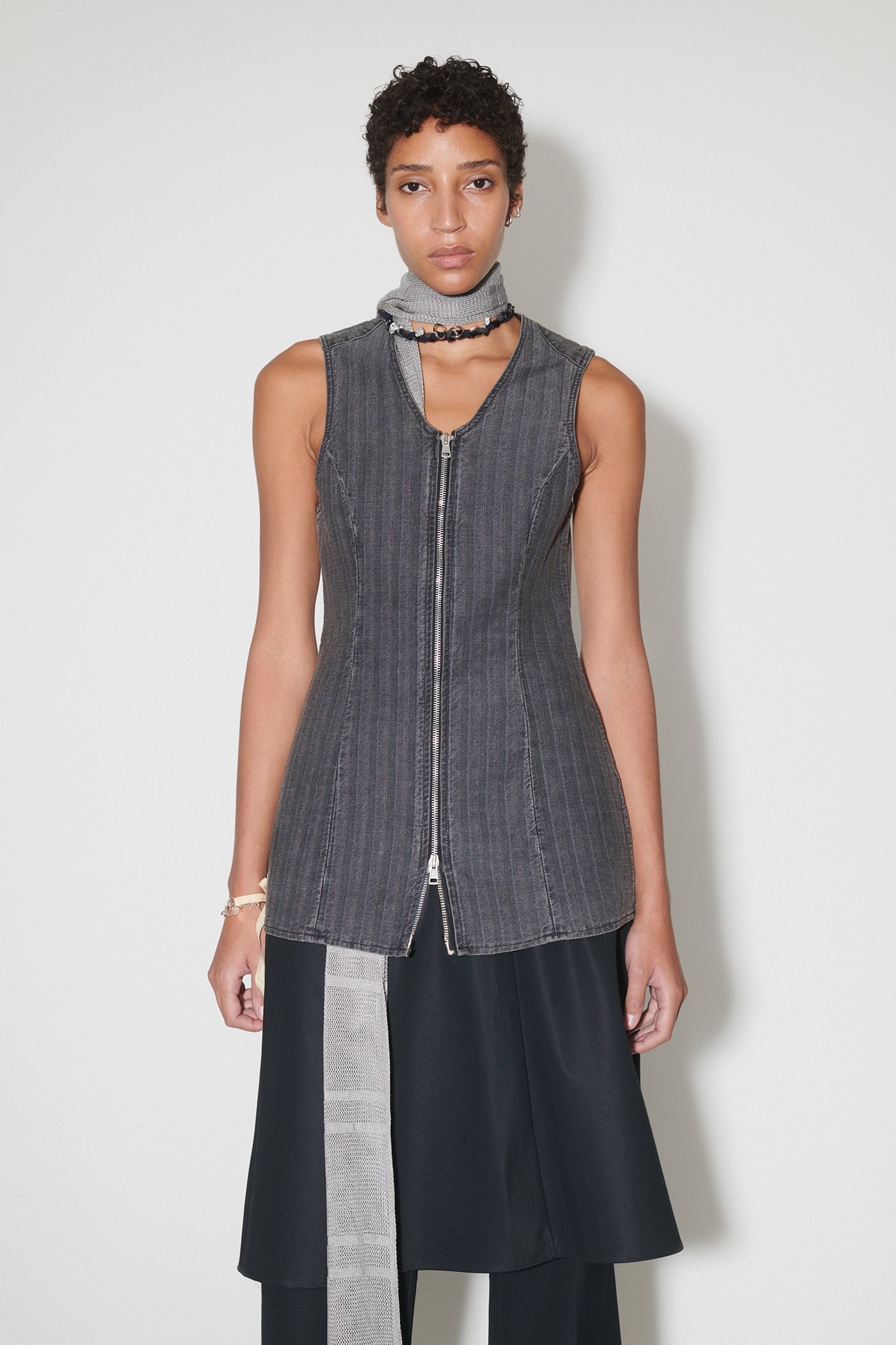 Biker Zip Vest Washed Grey Torino Stripe - 6