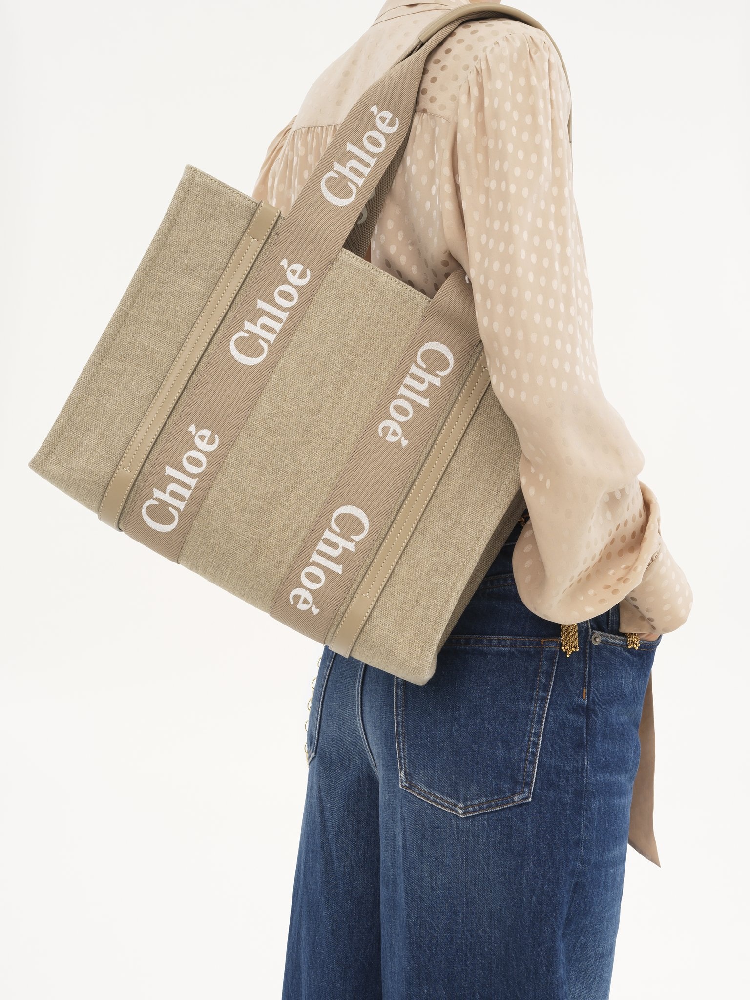 WOODY TOTE BAG IN LINEN & LEATHER - 2