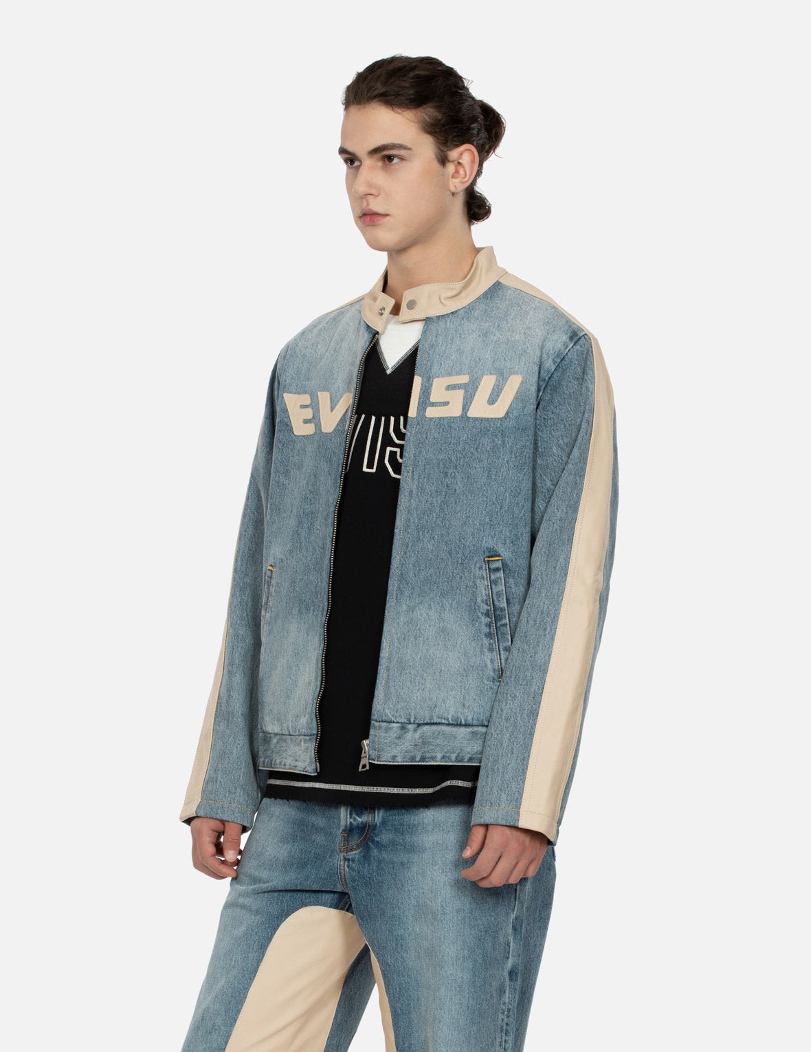 LEATHER LOGO AND SEAGULL APPLIQUÉ REGULAR FIT DENIM MOTO JACKET - 7