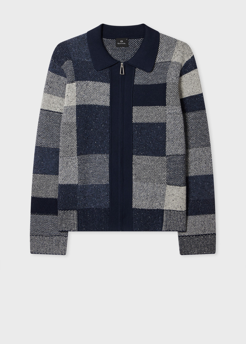 Navy Tonal Patchwork Zip-Through Cardigan 1