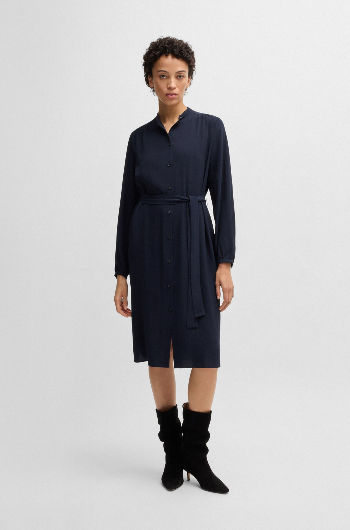 BELTED SHIRT DRESS IN CREPE GEORGETTE WITH STAND COLLAR - 2
