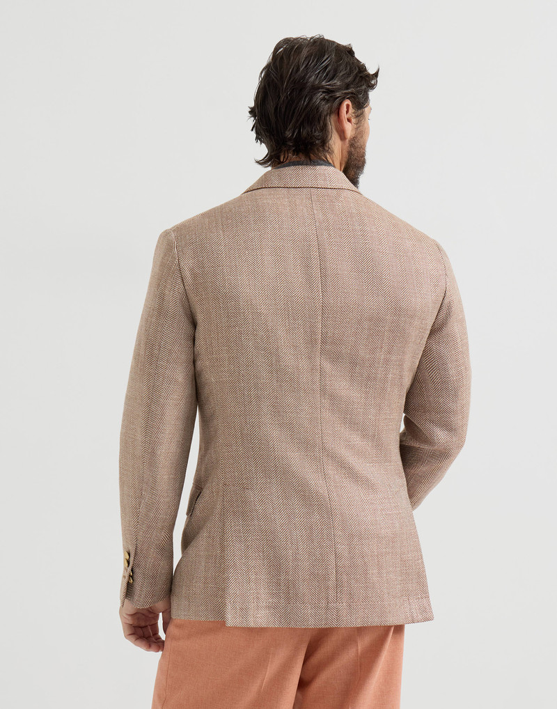 Brunello Cucinelli Virgin wool, silk and linen chevron deconstructed blazer with peak lapels and metal buttons outlook