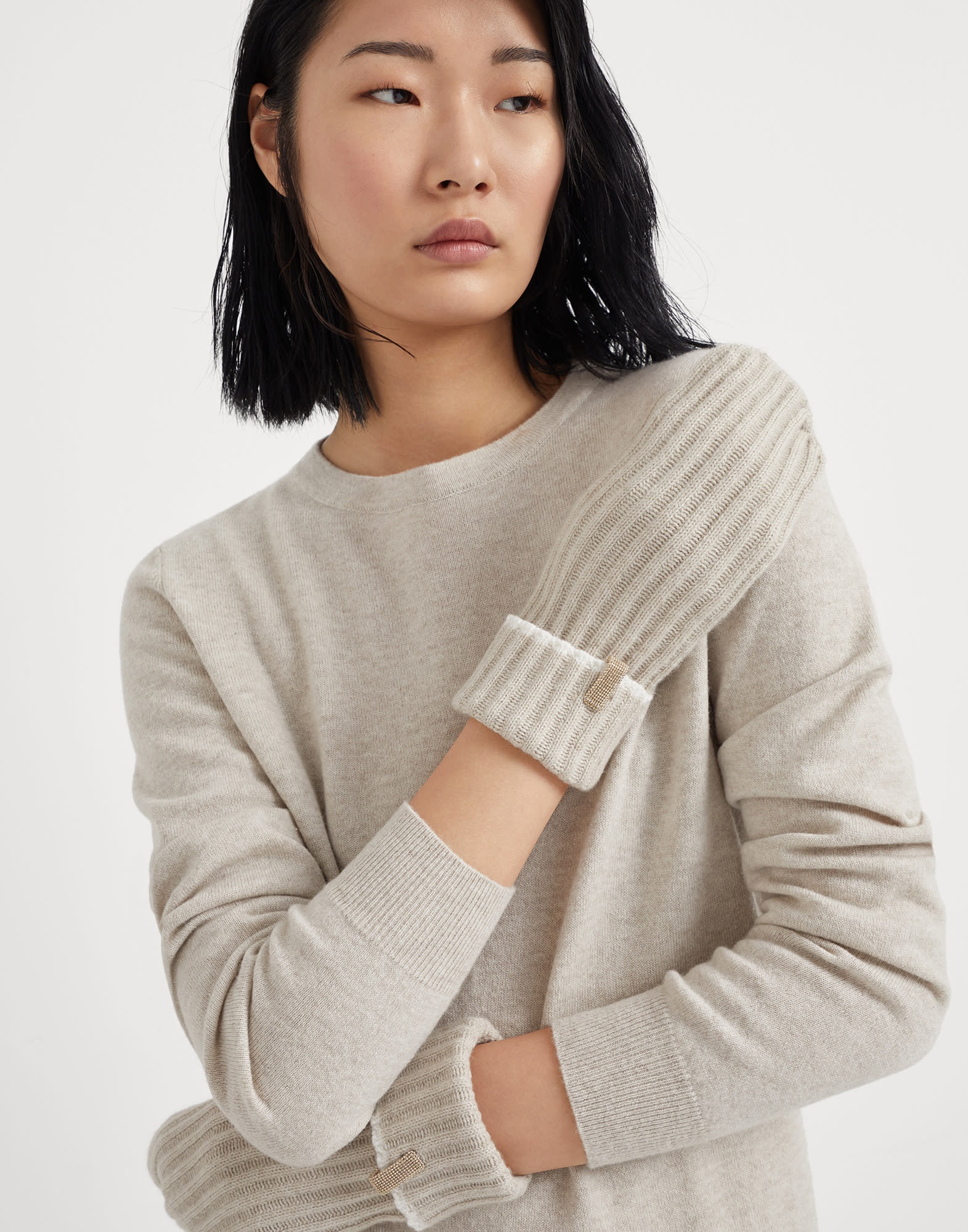 Cashmere rib knit mittens with monili - 3