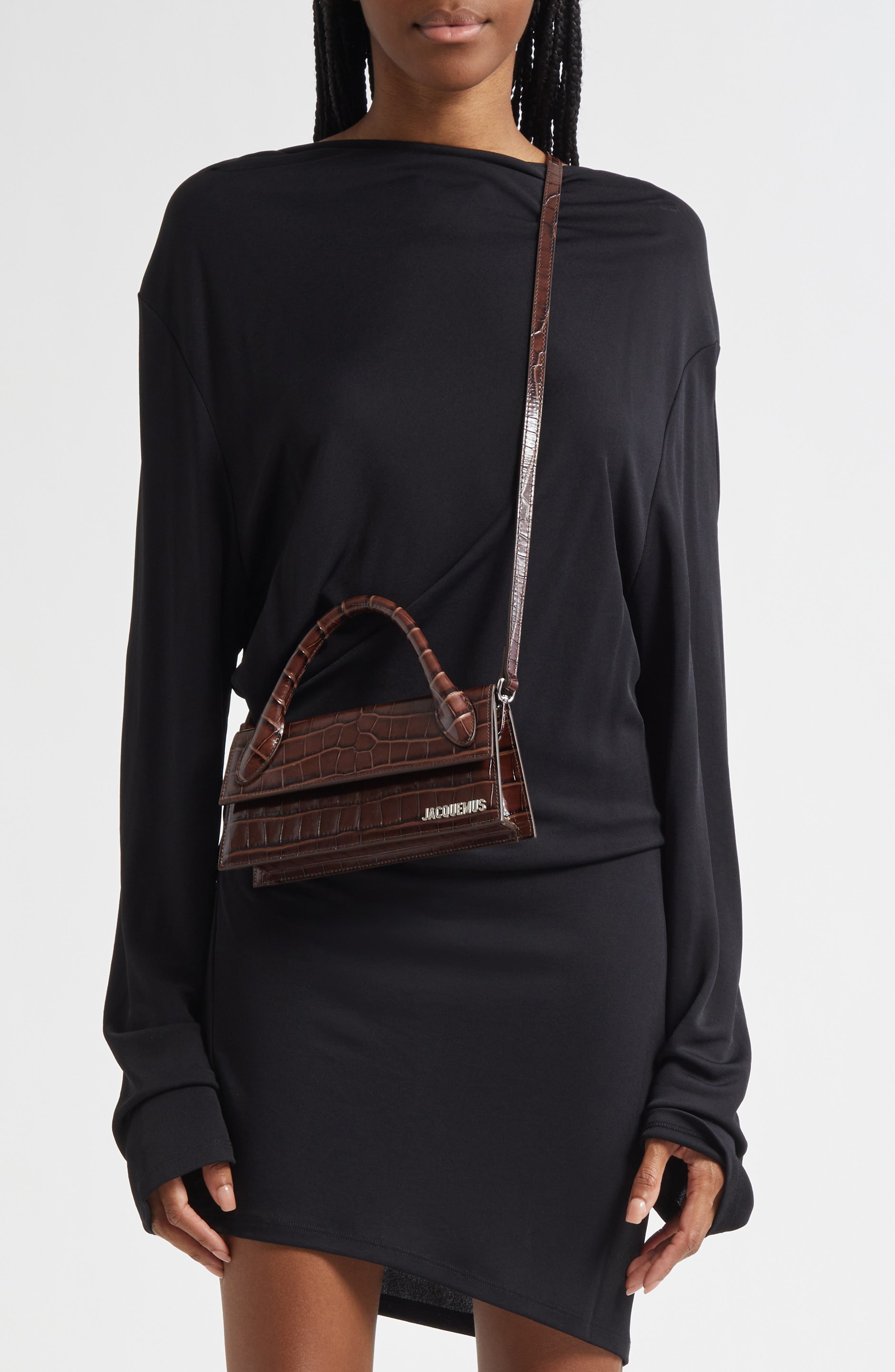 Jacquemus Le Chiquito Long Croc Embossed Leather Top Handle Bag in Dark Brown at Nordstrom - 3