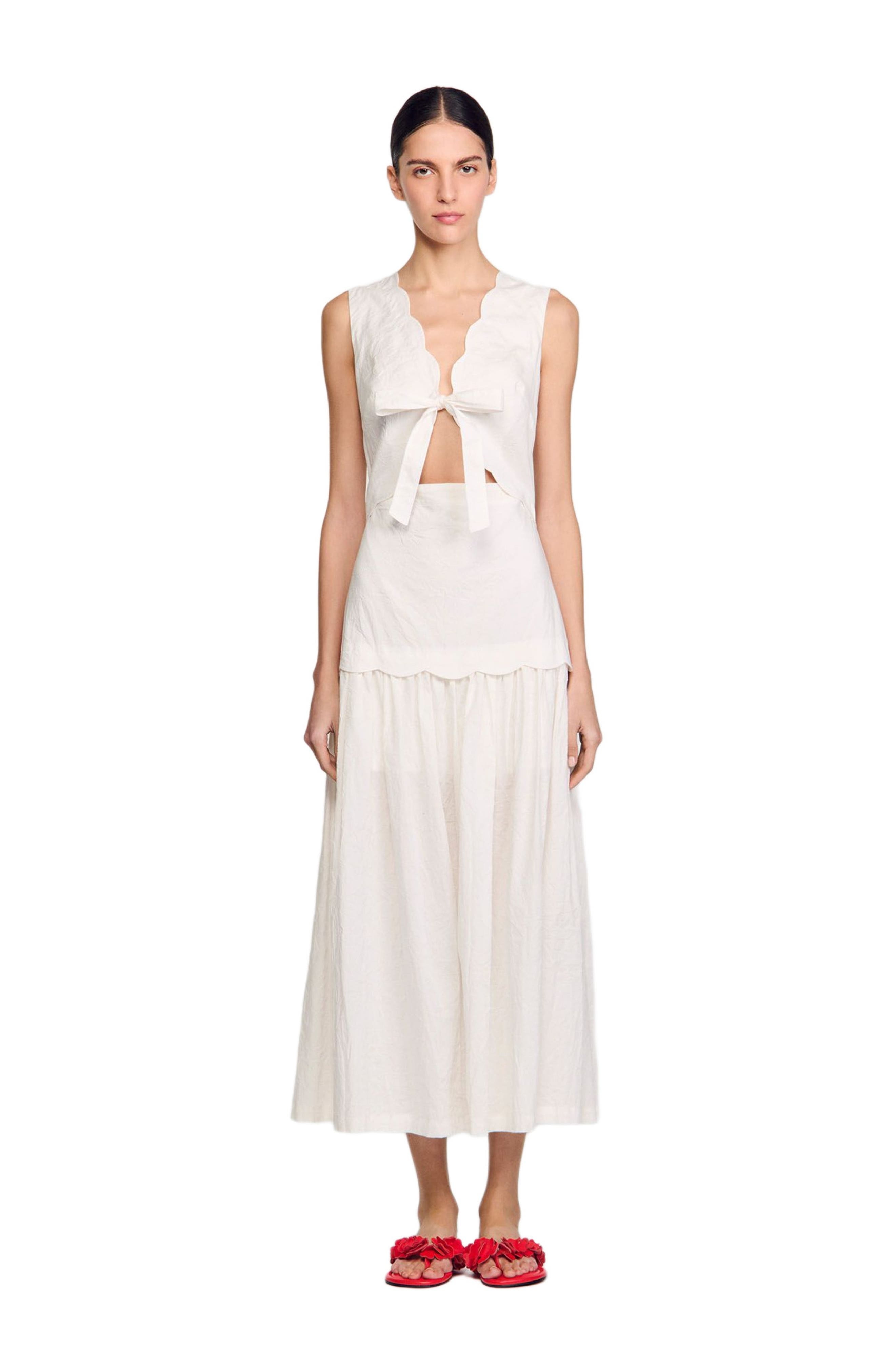 SANDRO Crinkled maxi dress with bow in Ecru at Nordstrom - 1