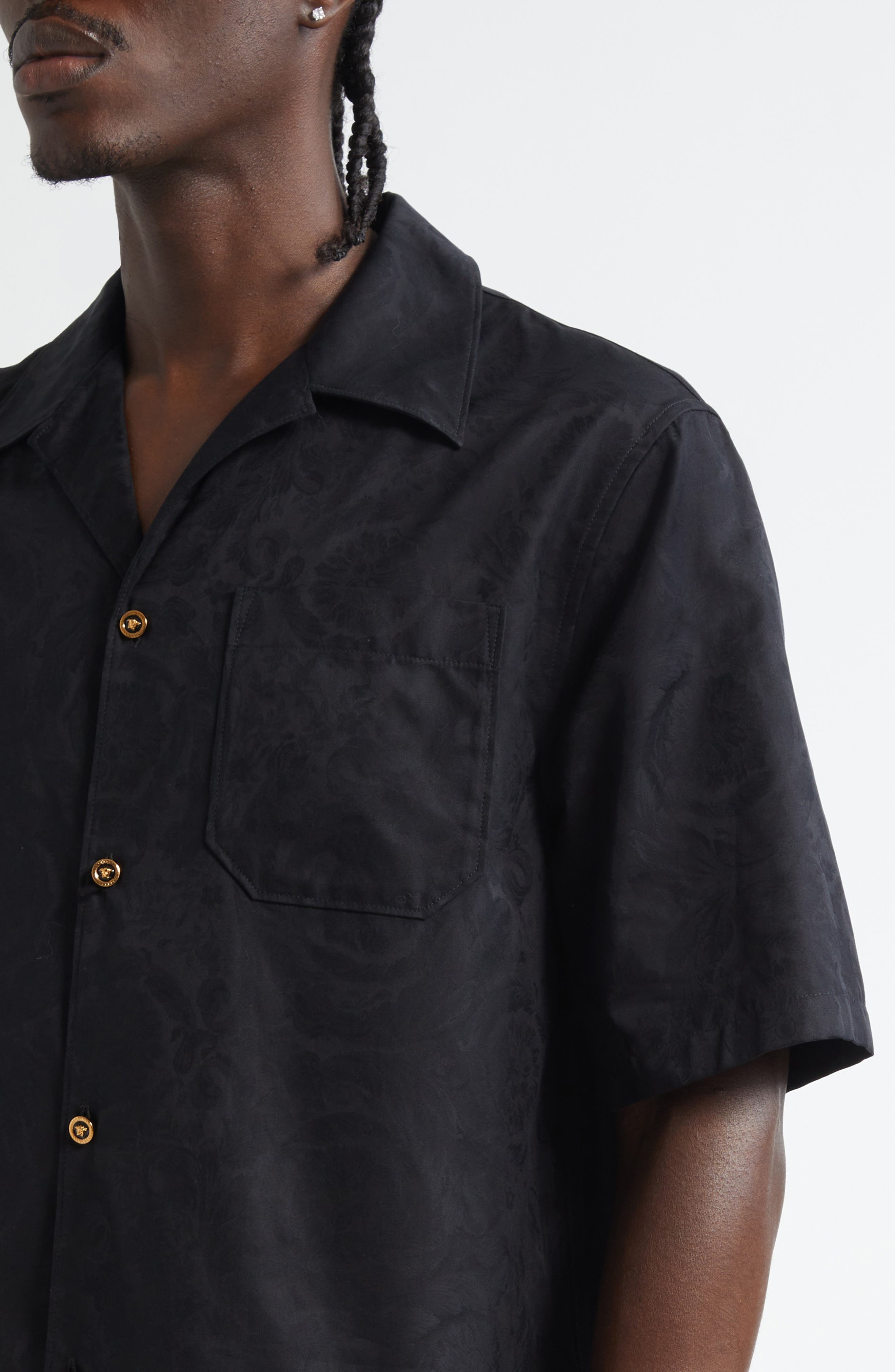 Versace Barocco Jacquard Cotton Poplin Camp Shirt in Black at Nordstrom - 5