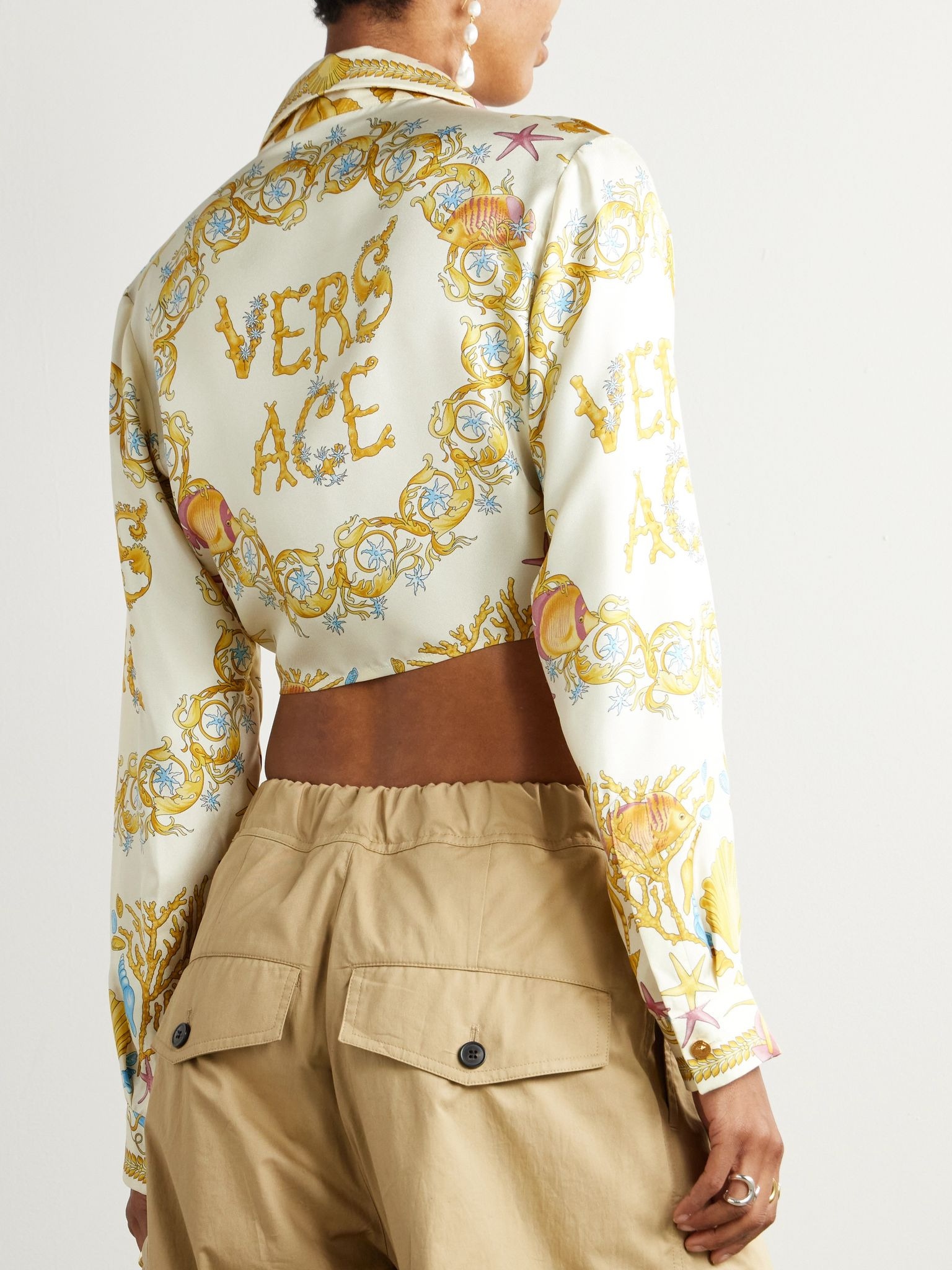 Tie-front printed silk-twill shirt Yellow - 3
