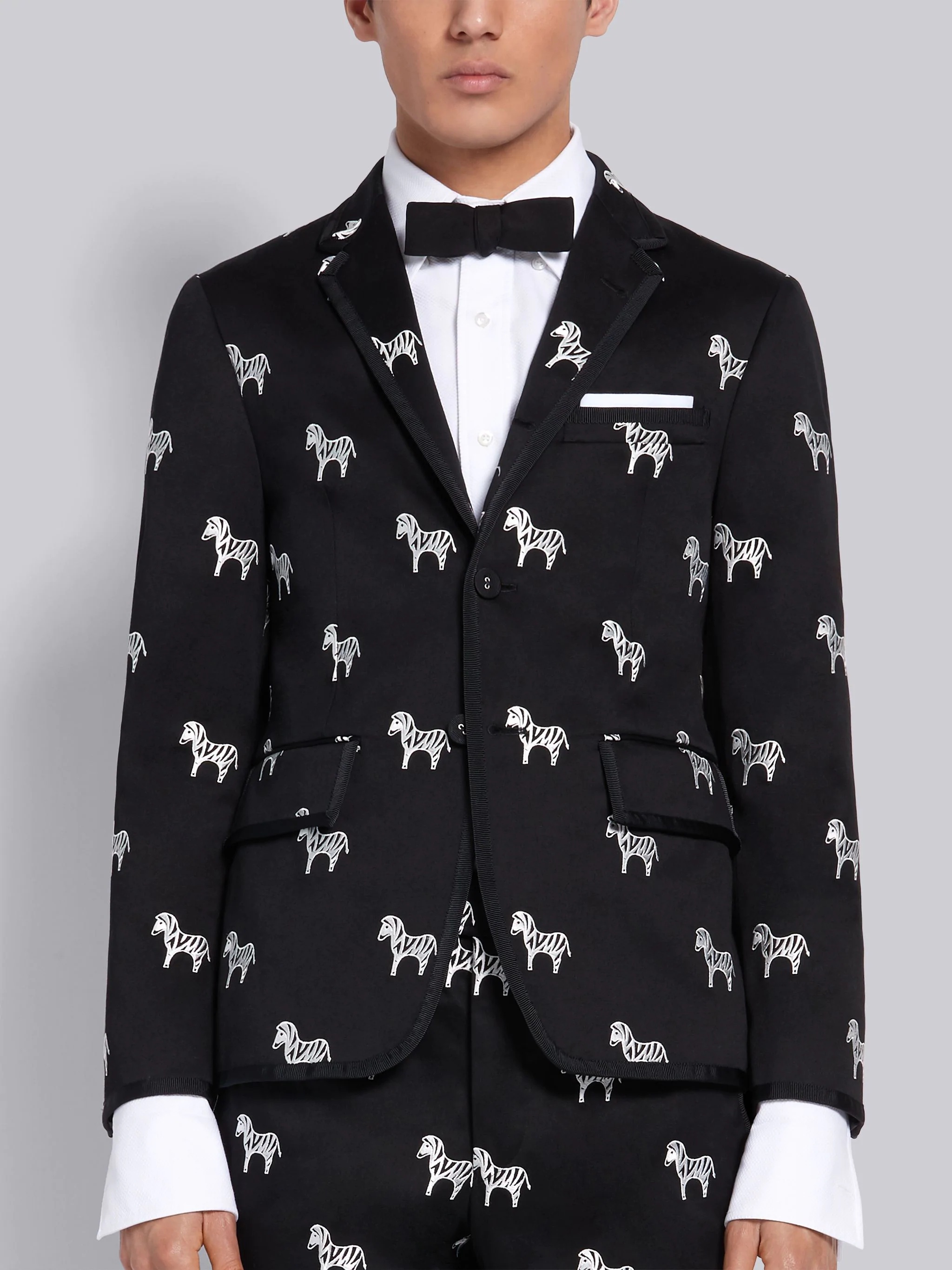 Black Cotton Twill Zebra Icon Embroidered Classic Tipped Sport Coat - 1