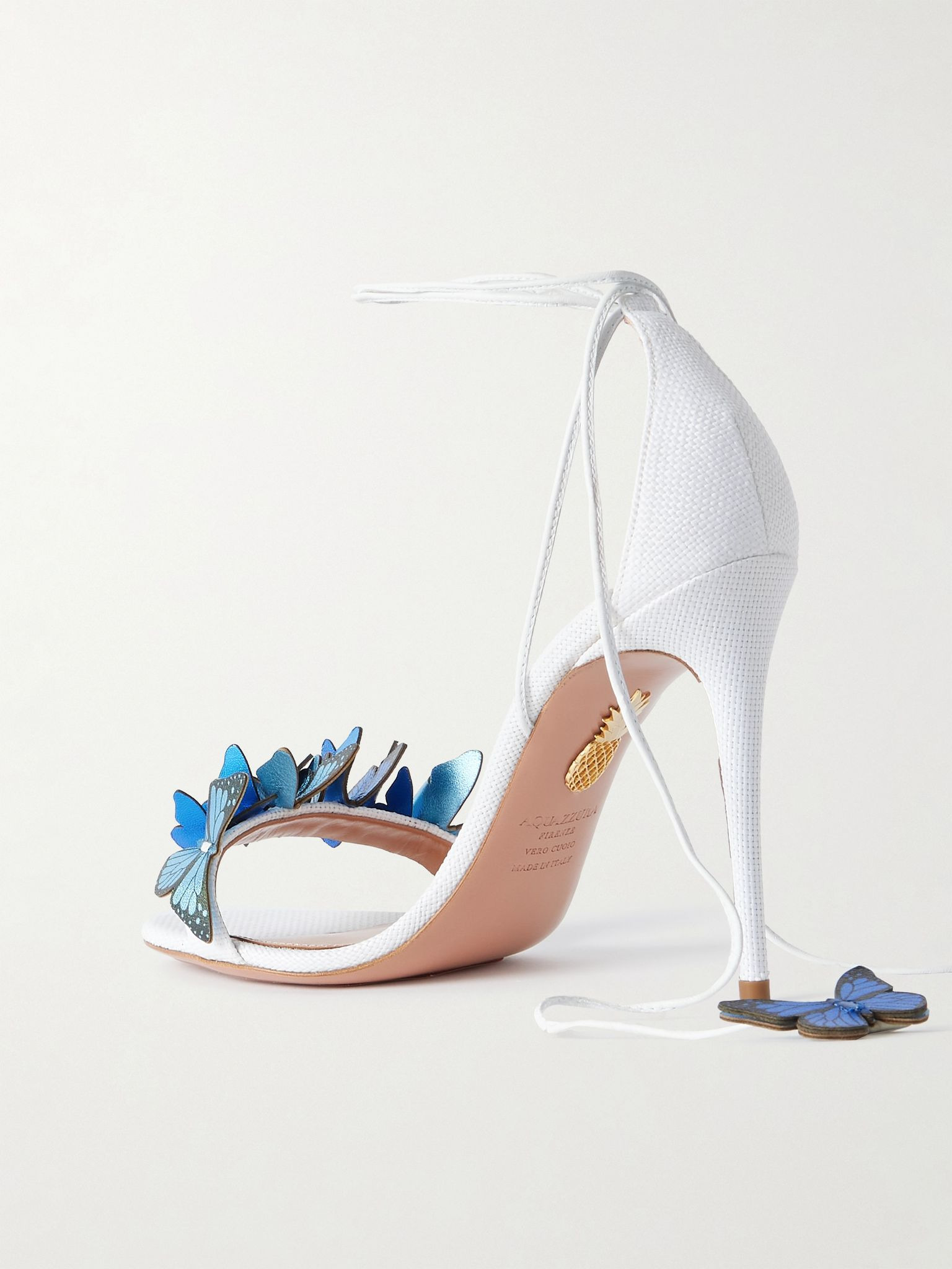 Papillon 105 leather-trimmed appliquéd raffia sandals Blue - 3