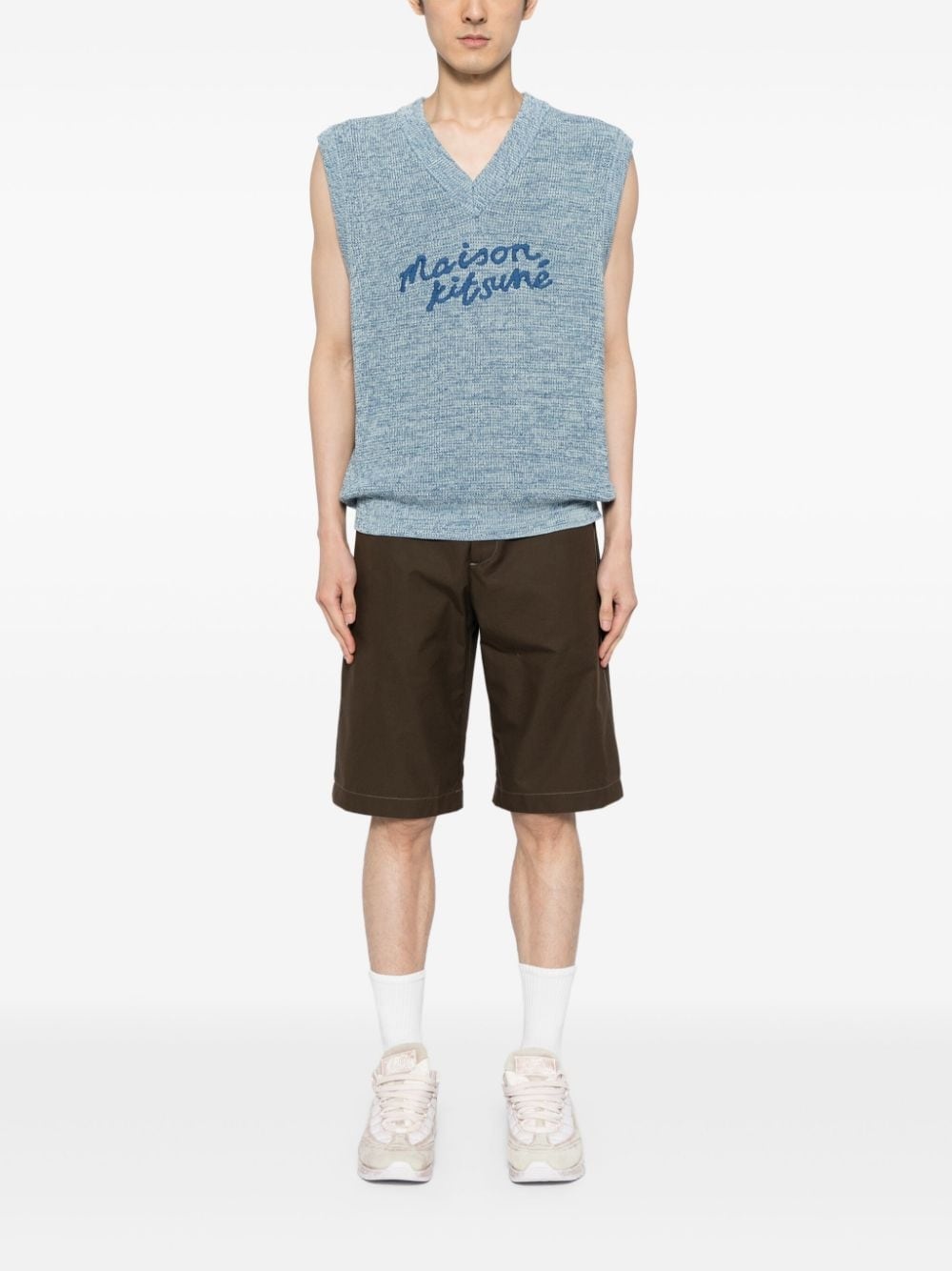 embroidered-logo V-neck cotton vest - 2