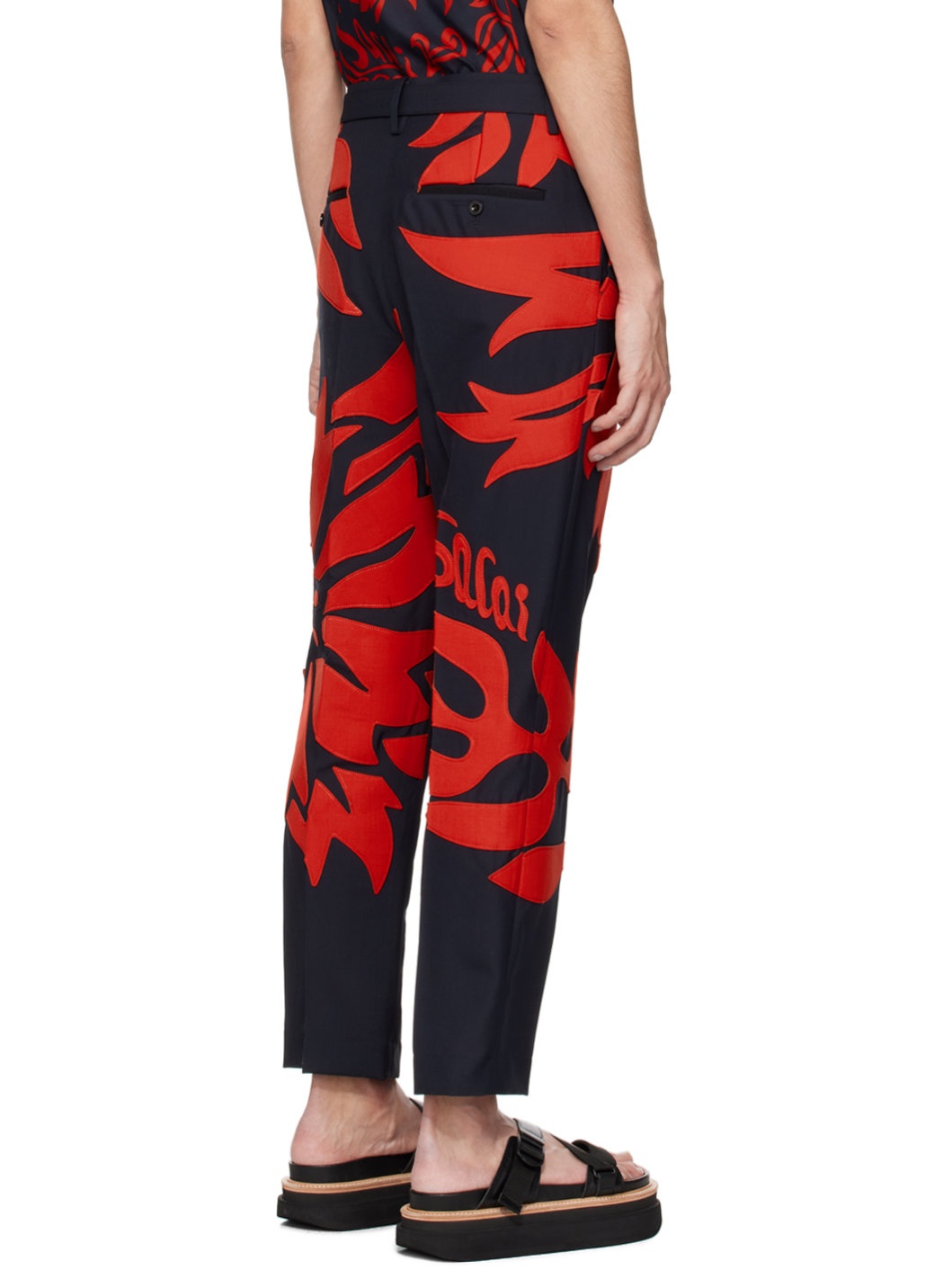 Navy & Red Floral Appliqué Trousers - 3