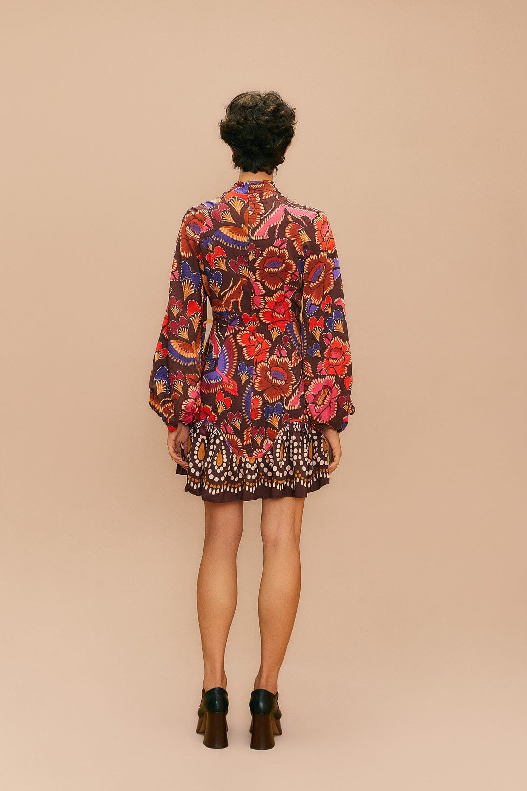 Brown Bright Flora Long Sleeve Mini Dress - 4