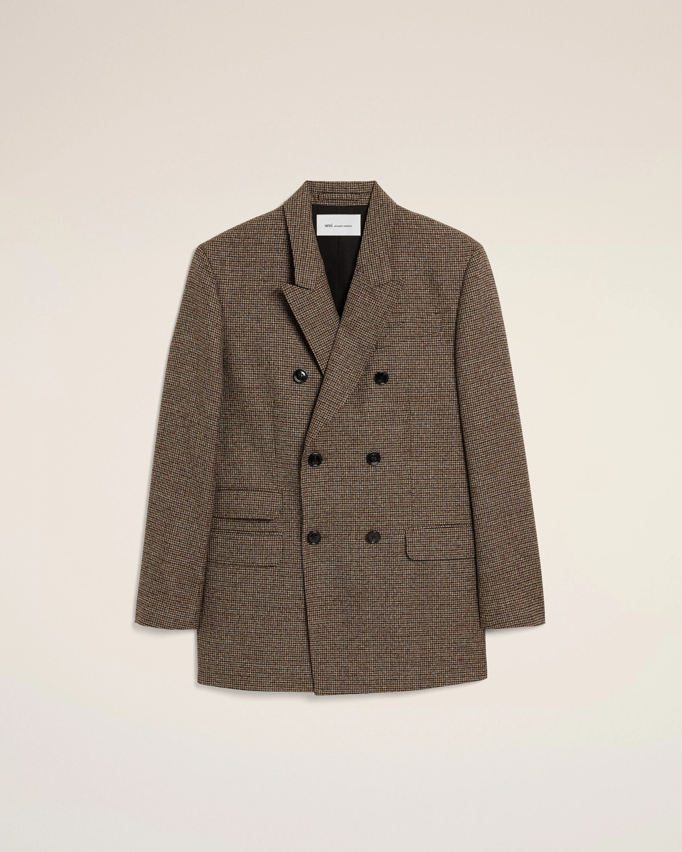 BROWN DOUBLE BREASTED HOUNDSTOOTH WOOL BLAZER - 1