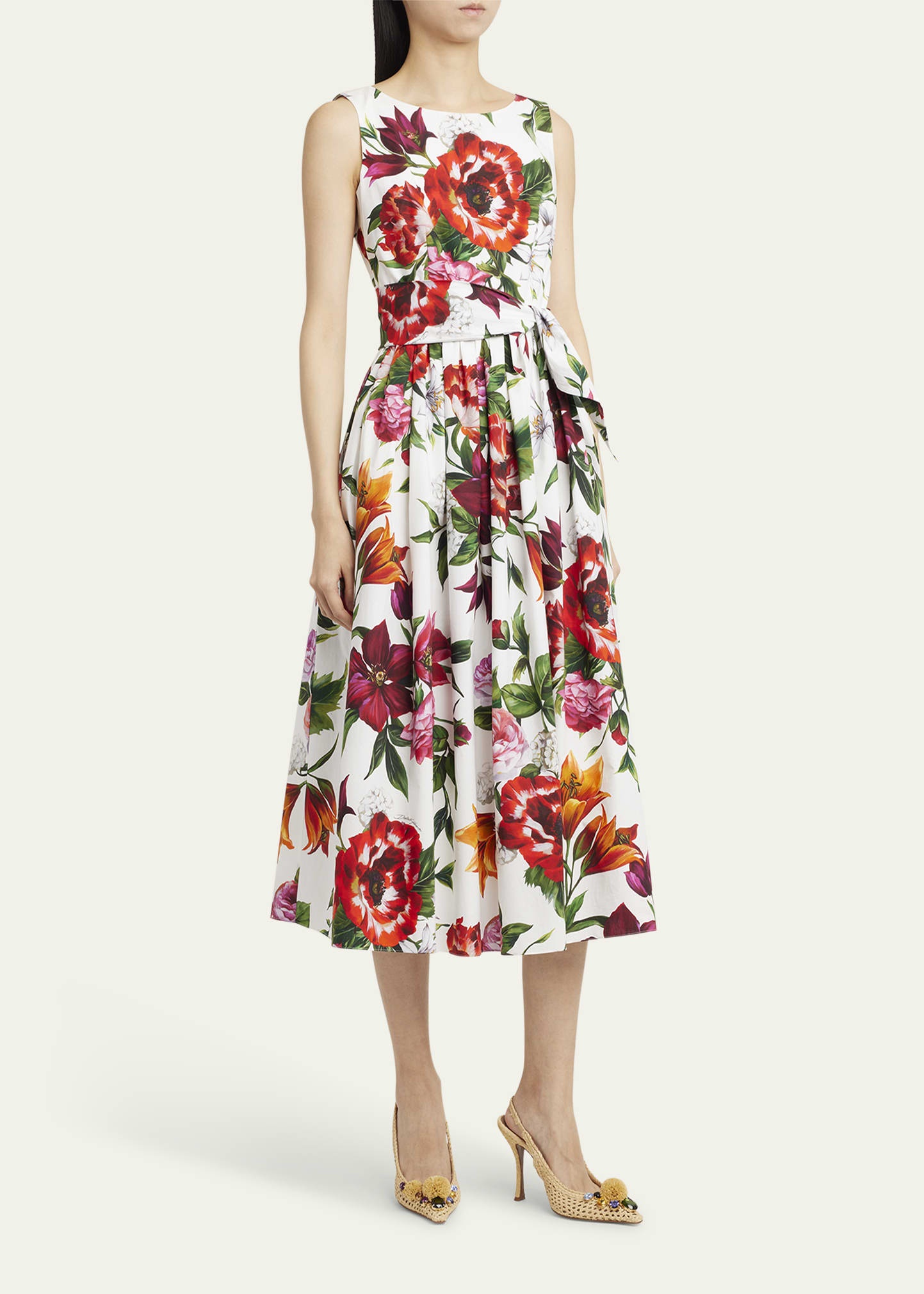 Anemone Floral Pleated Popeline Midi Dress With Belt - 4