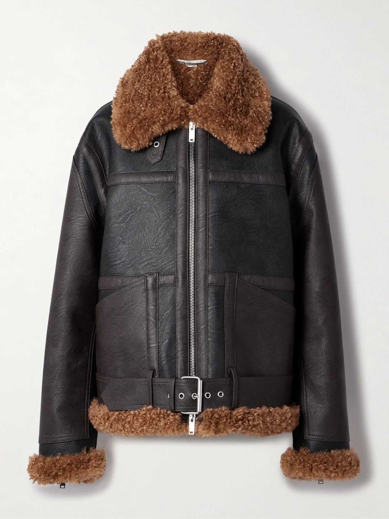 Oversized Faux Shearling-trimmed Two-tone Vegan Leather Jacket - 1