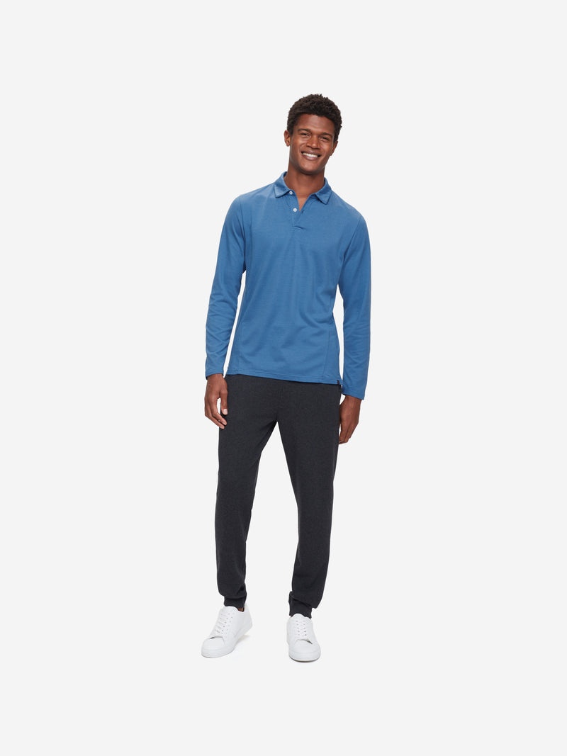 Men's Long Sleeve Polo Shirt Ramsay 3 Pique Cotton Tencel Blue - 3