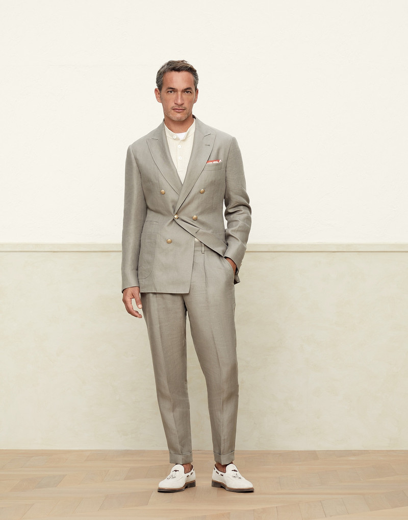 Brunello Cucinelli Linen chevron one-and-a-half breasted deconstructed blazer with patch pockets and metal buttons outlook