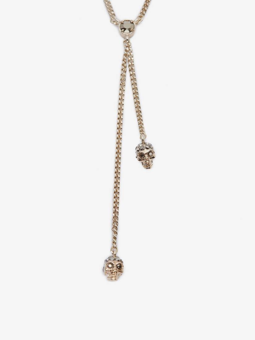 Women's Double-wrap Chain Skull Necklace in Pale Gold - 2