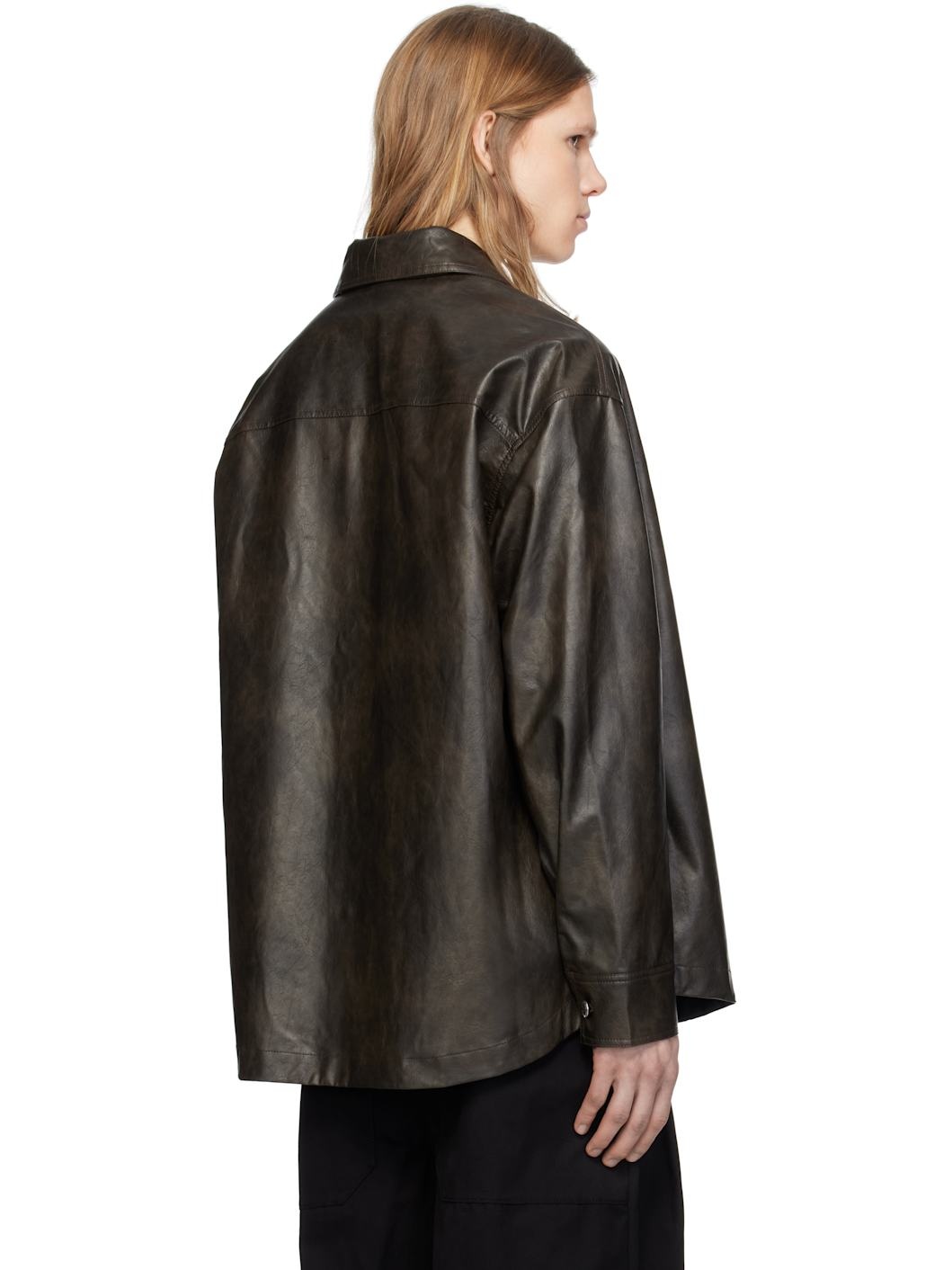 Brown 'Appliqué' Faux-Leather Overshirt - 3