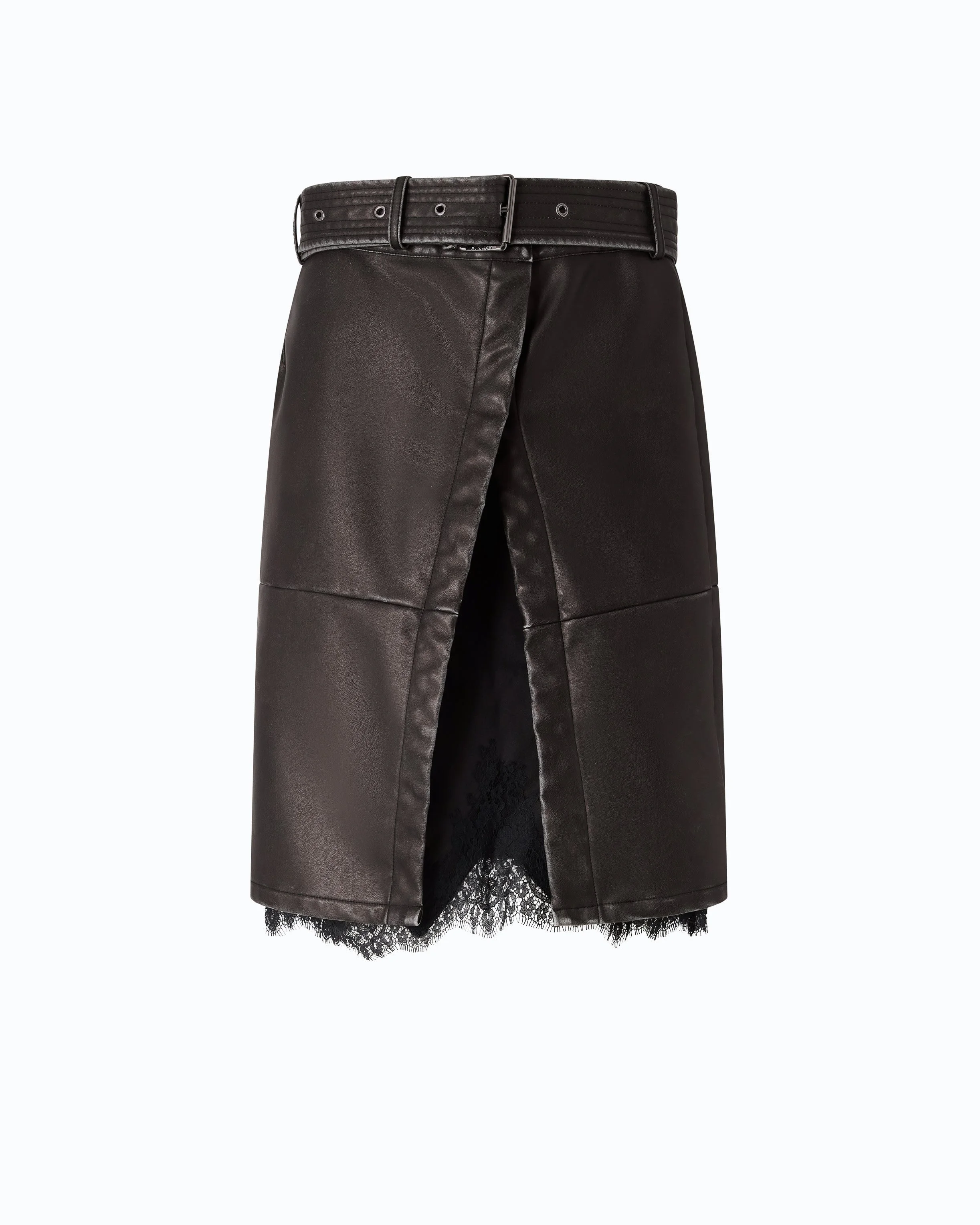 LEATHER-EFFECT KNEE-LENGTH SKIRT WITH BELT AND SLIT - 1