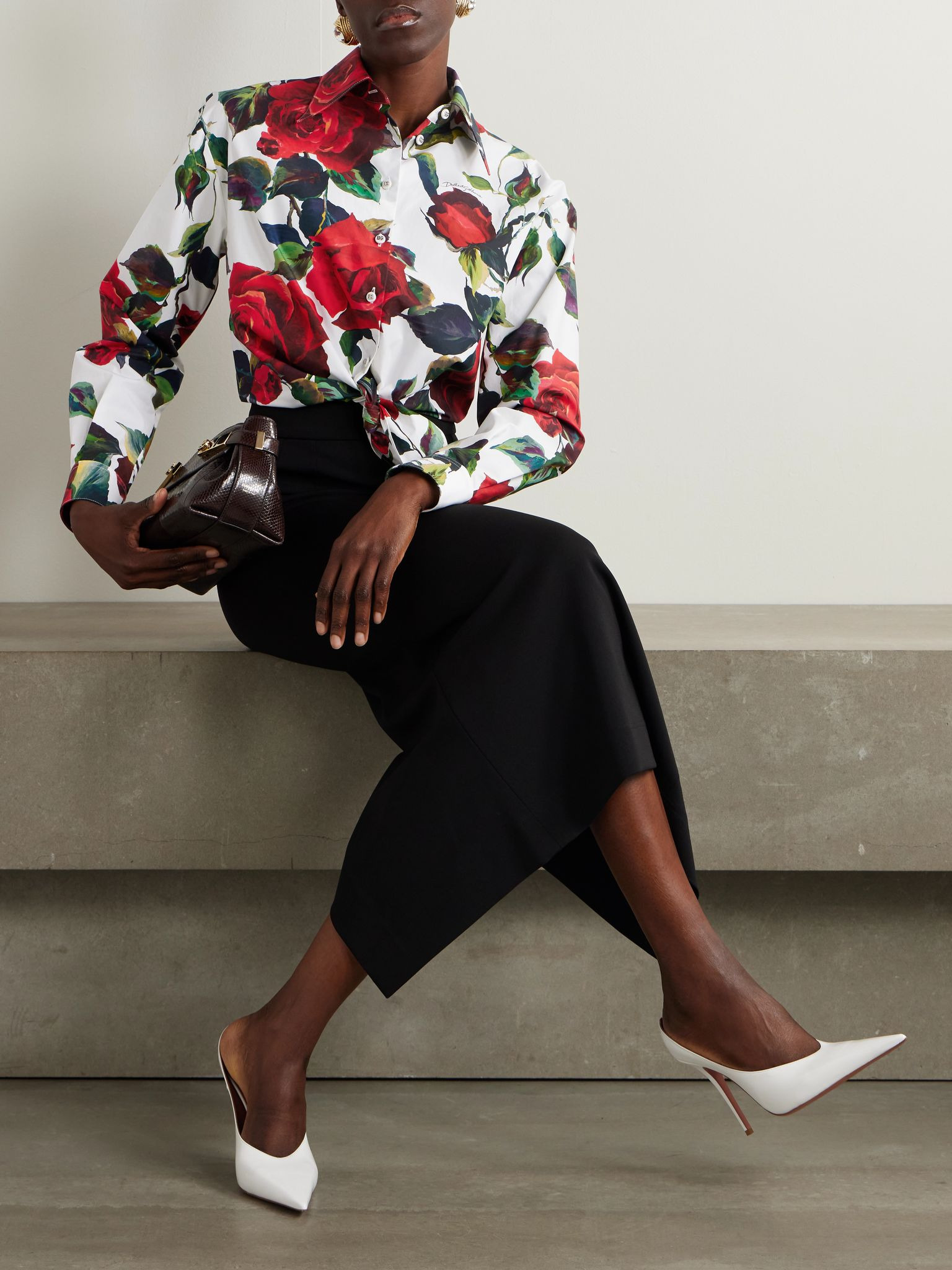 Cropped tie-detailed floral-print cotton-poplin shirt Red - 2