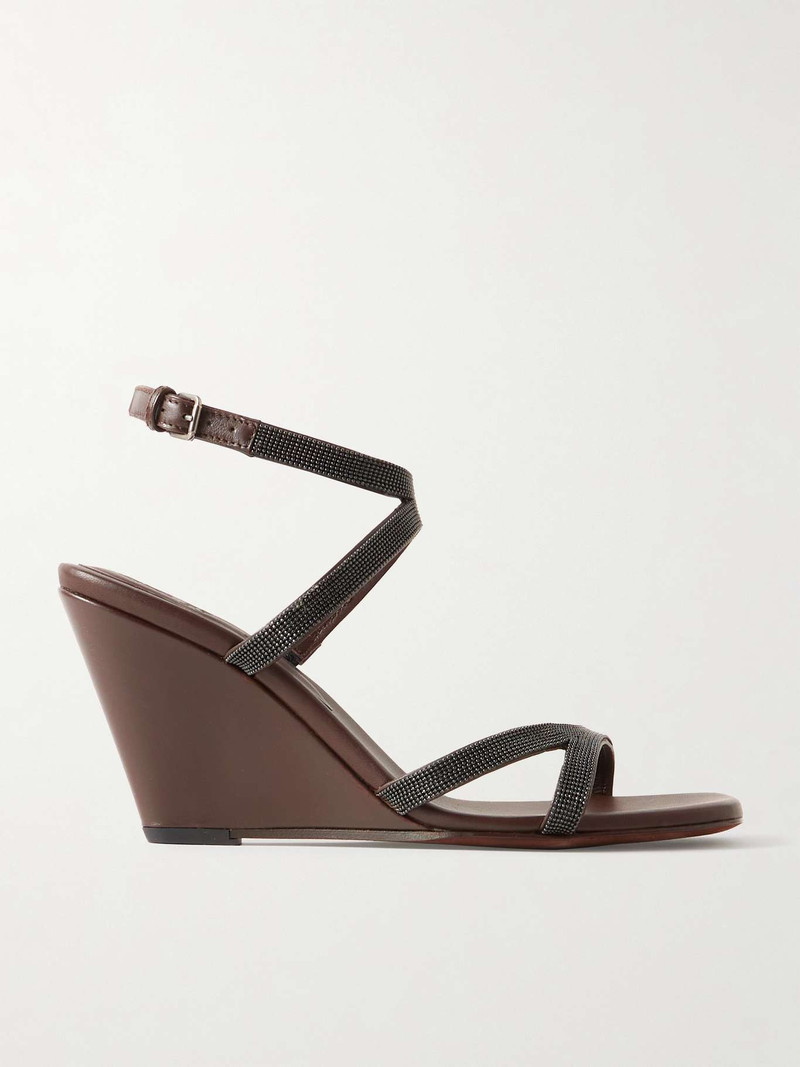 Bead-embellished leather wedge sandals - 1