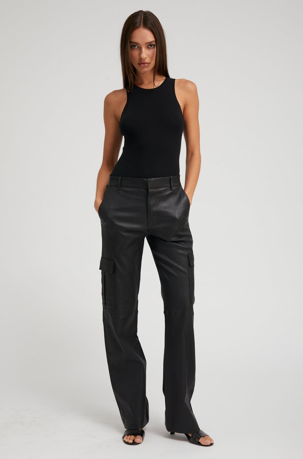 BLACK LEATHER CARGO TROUSERS - 2