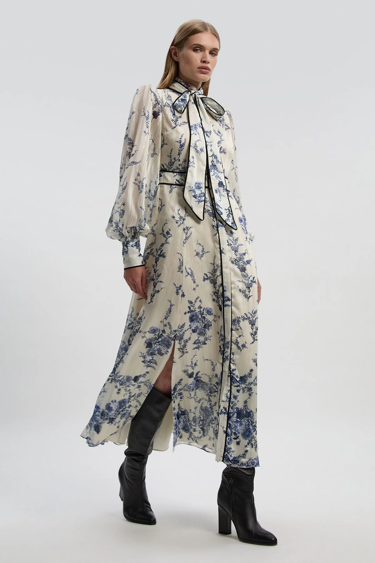 Floral Print Tie Neck Woven Balloon Sleeve Midaxi Dress - 1