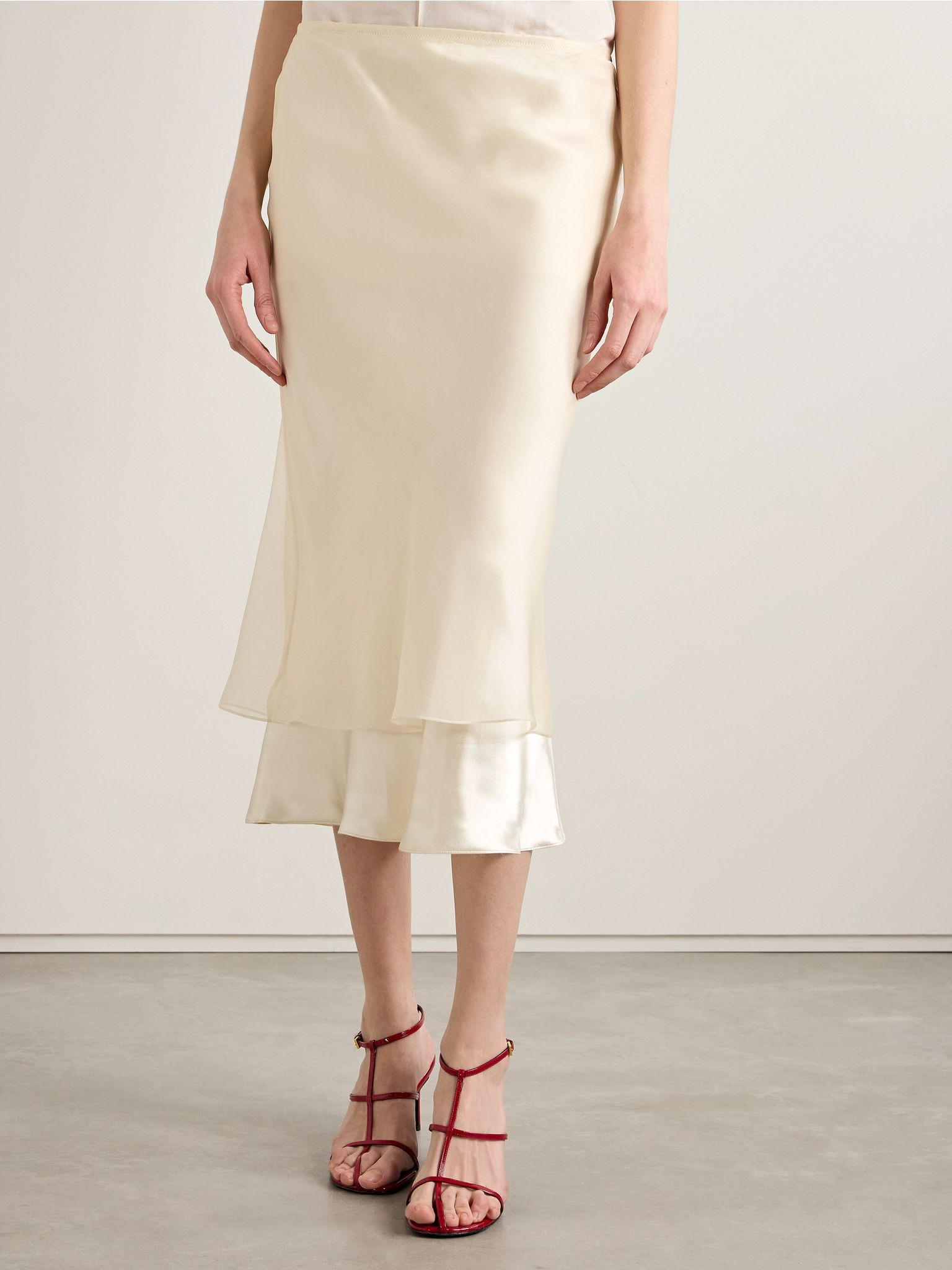 Monina layered satin and organza midi skirt Cream - 3