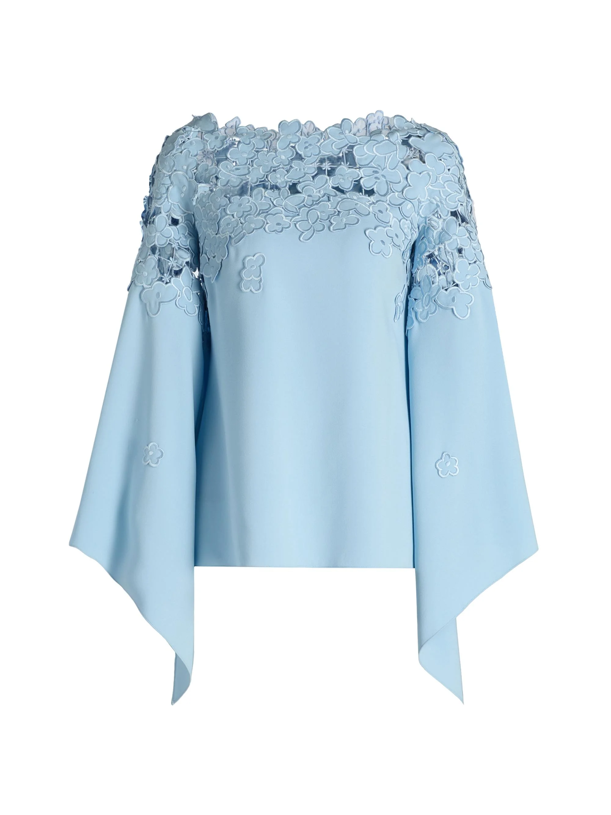 Women's Floral-Embroidered Stretch-Silk Cape-Sleeve Blouse - Sky - 1