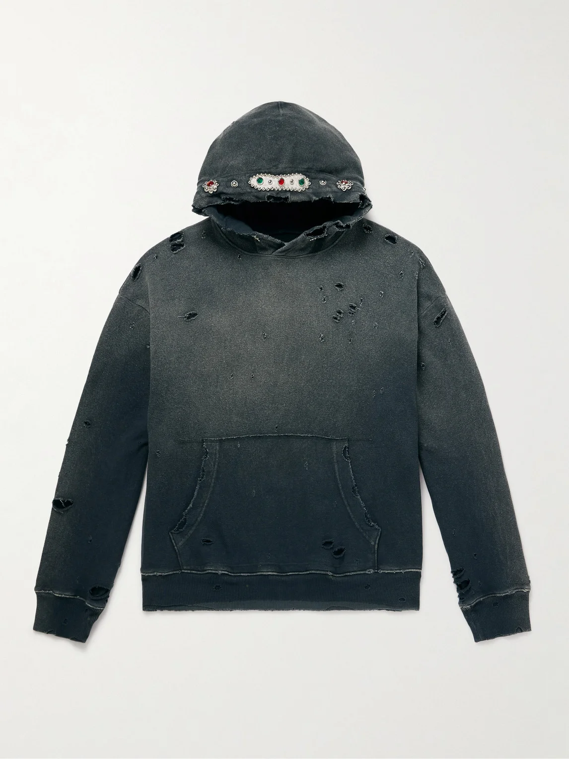 Embellished Suede-Trimmed Distressed Cotton-Jersey Hoodie - 1