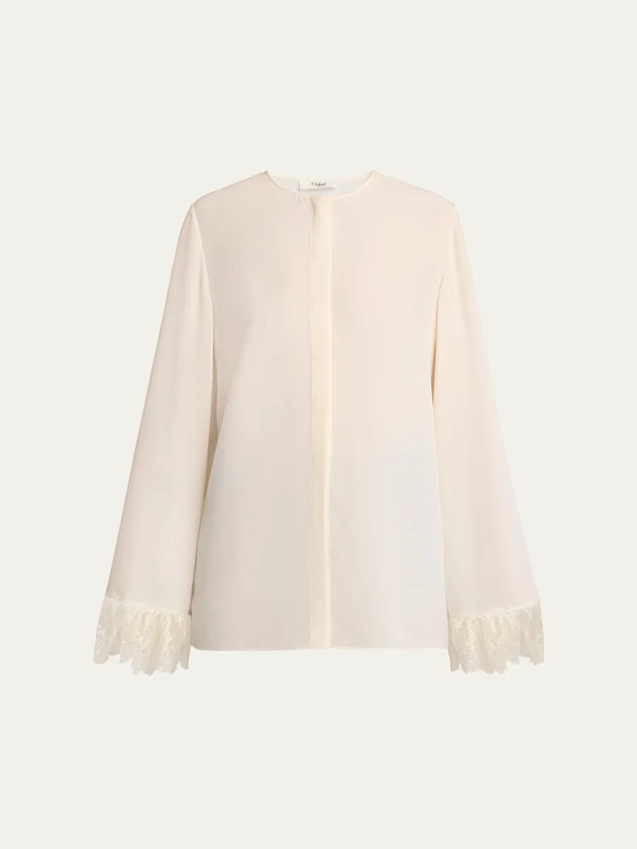 Button Down Crepe De Chine Top with Lace Sleeves - 1