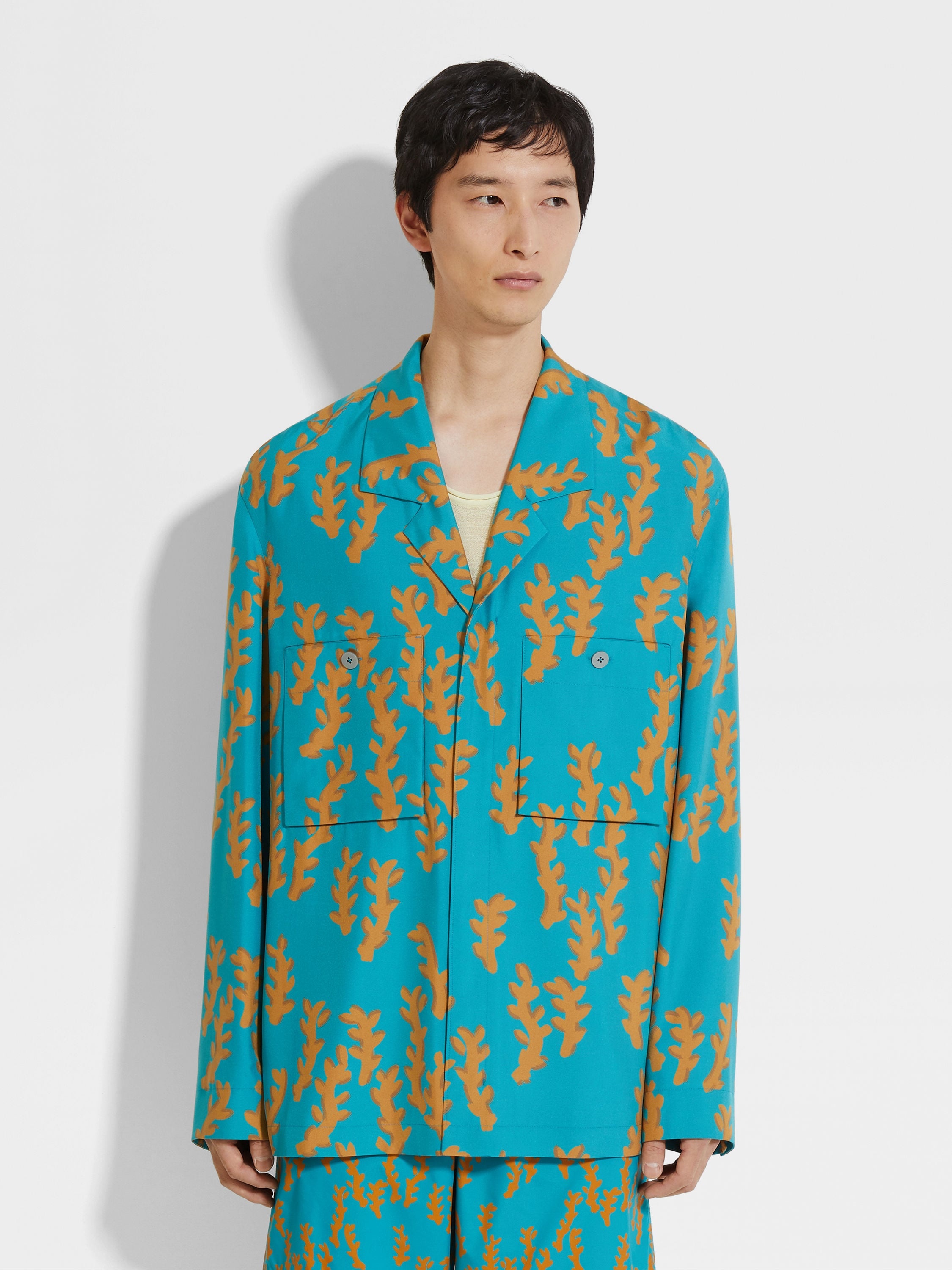 BRIGHT TEAL BLUE AND OCHRE SILK OASI PRINT OVERSHIRT - 4