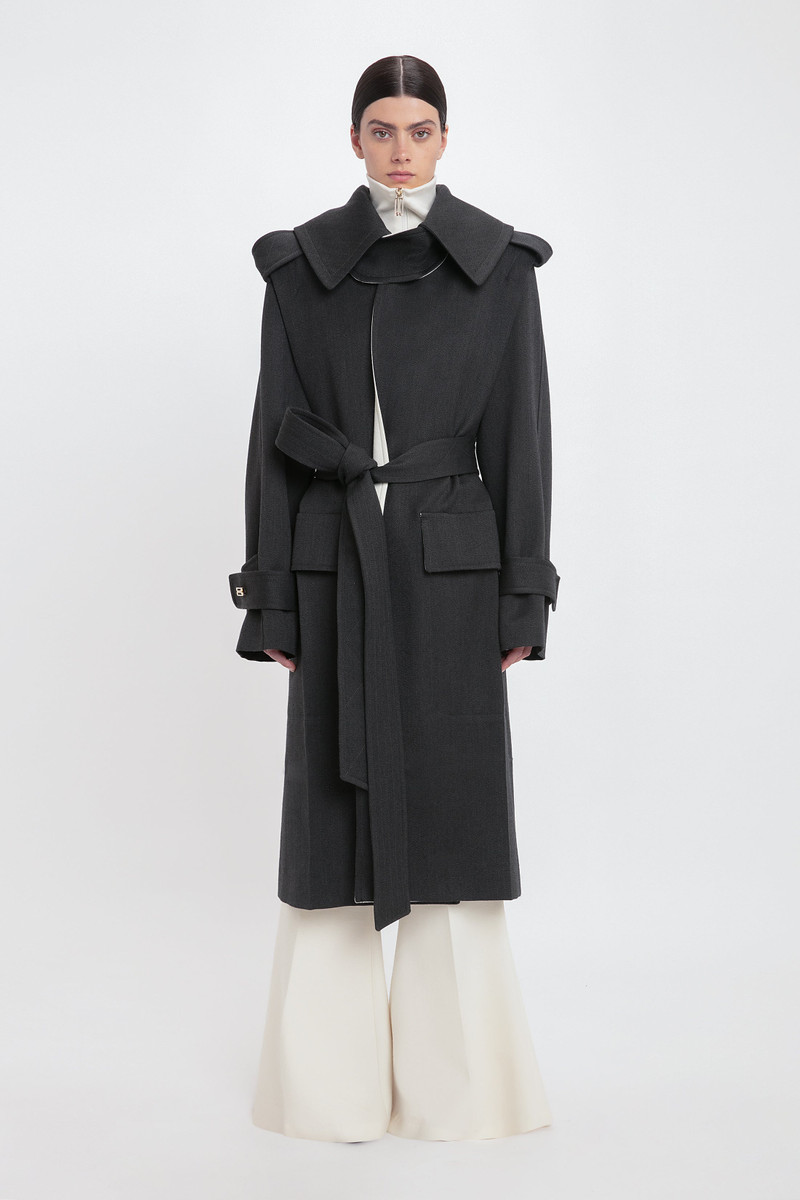 Victoria Beckham Belted Wool Trench Coat In Charcoal outlook
