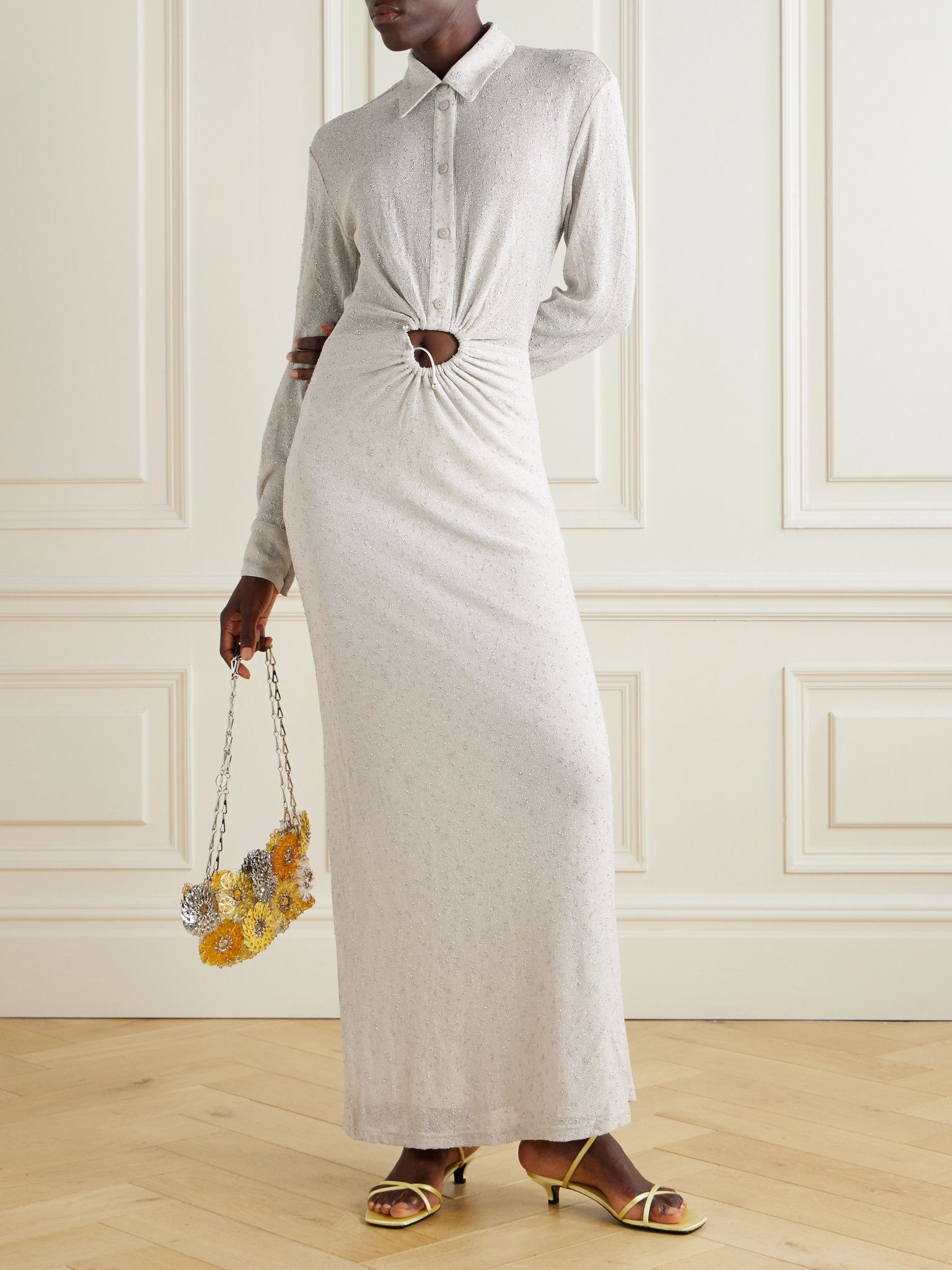 Embellished cutout metallic mesh maxi dress Silver - 2