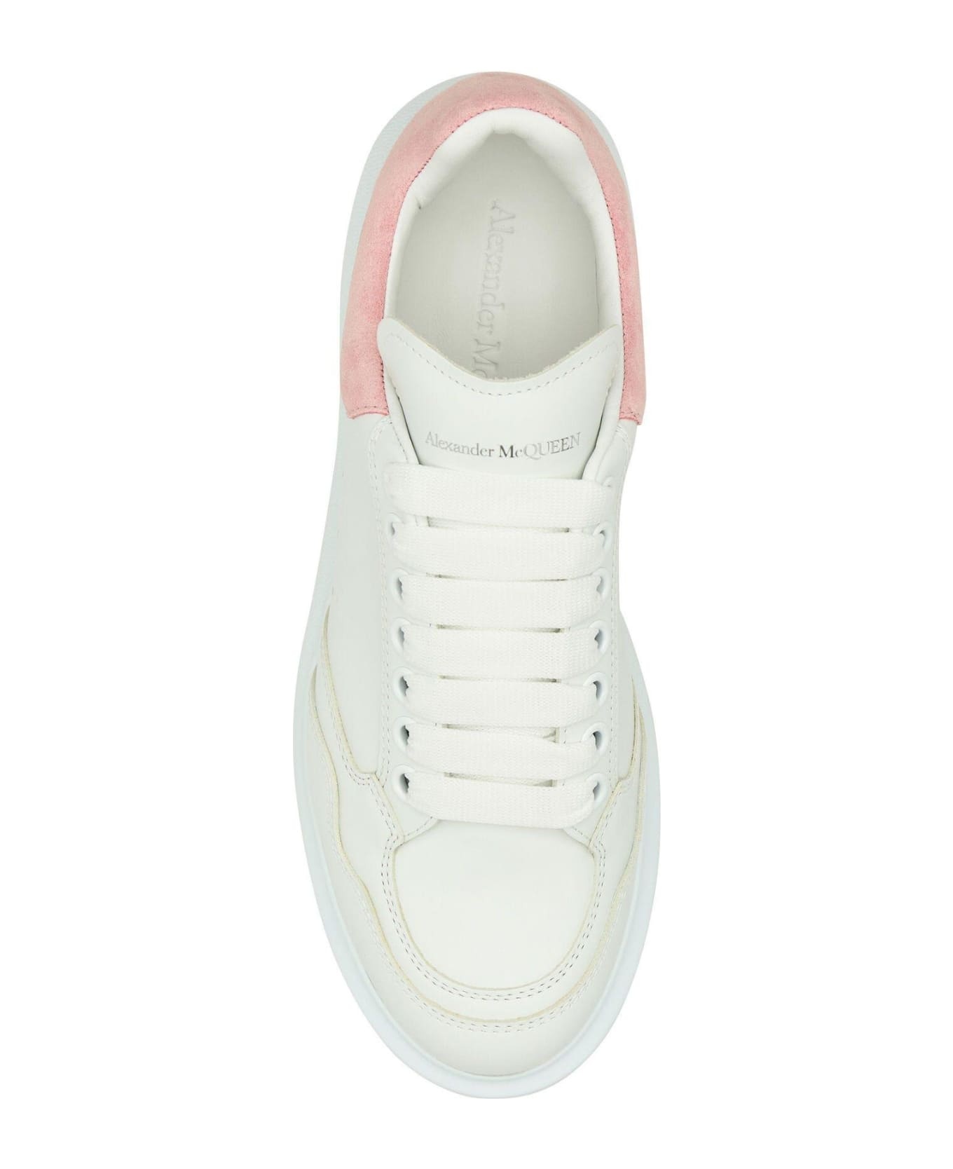 White Leather Sneakers With Pink Suede Heel - 4