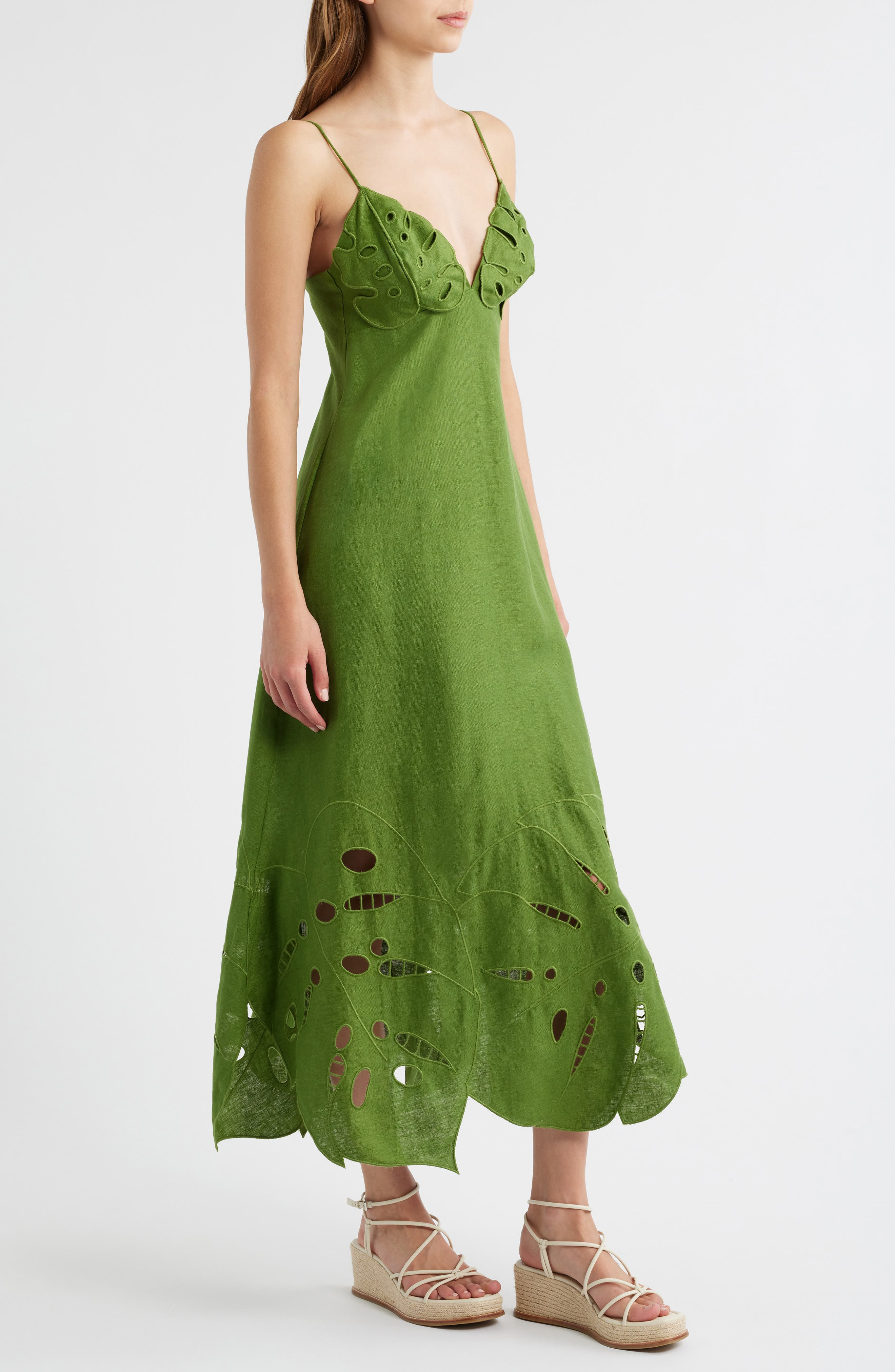 FARM Rio Monstera Embroidery Linen Midi Dress in Green at Nordstrom - 3