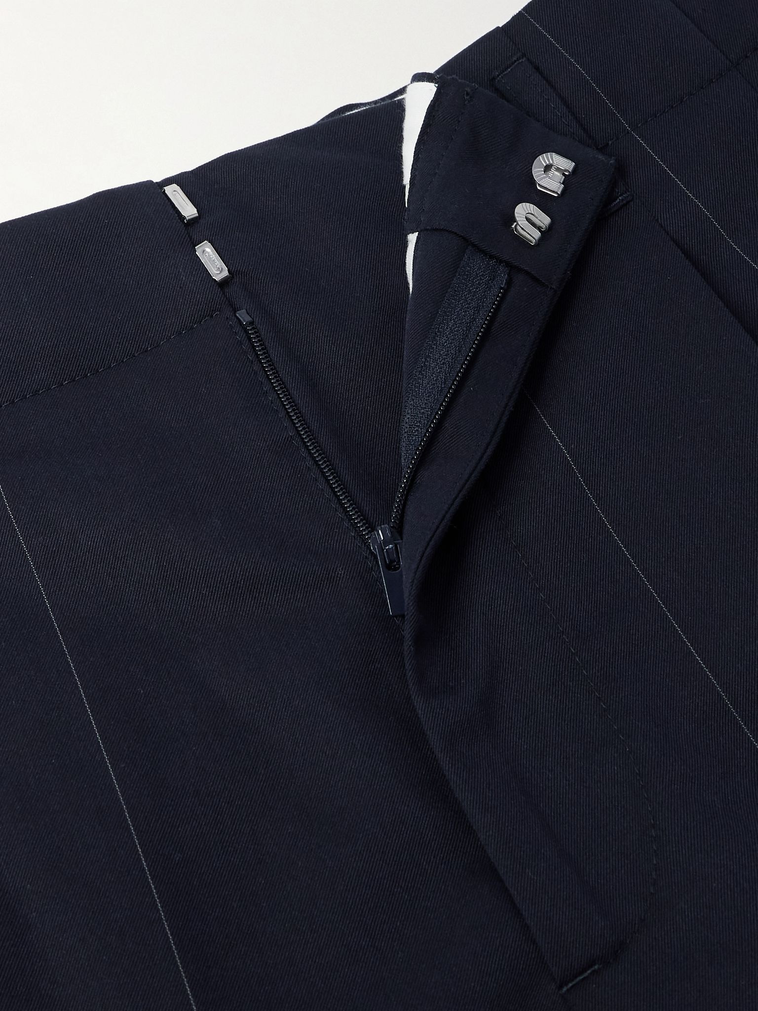 Tapered Pleated Pinstriped Wool and Cotton-Blend Trousers Navy - 6