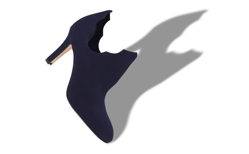 Manolo Blahnik Navy Blue Suede Serrated Ankle Boots outlook