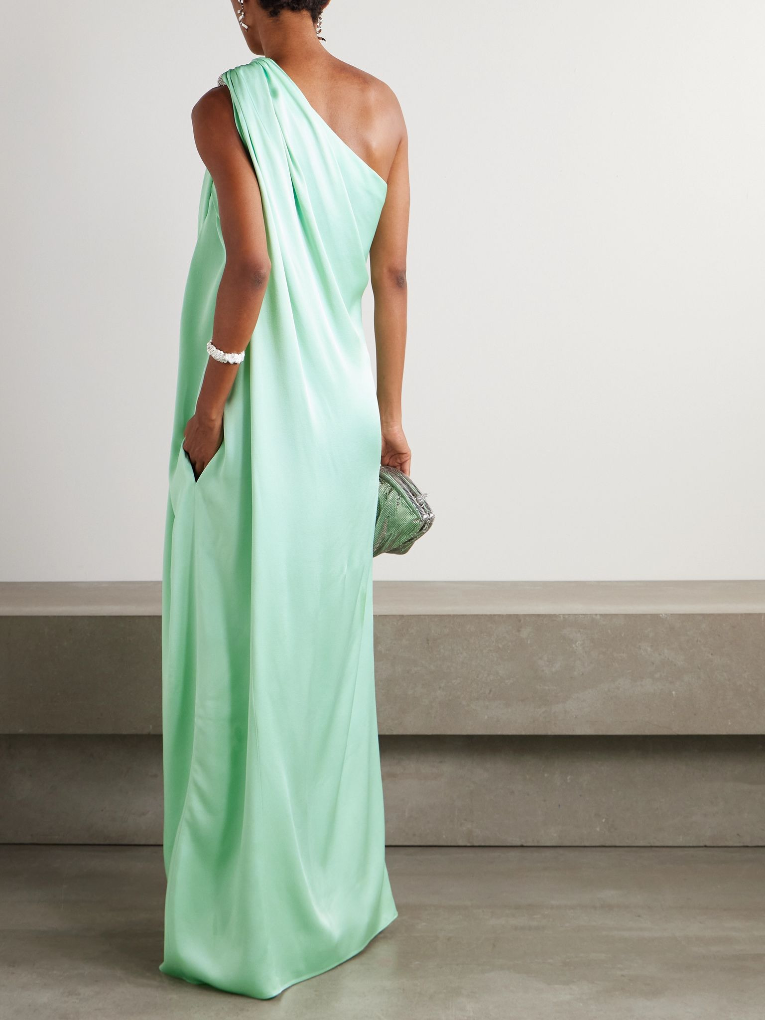 Embellished draped satin gown Mint - 3