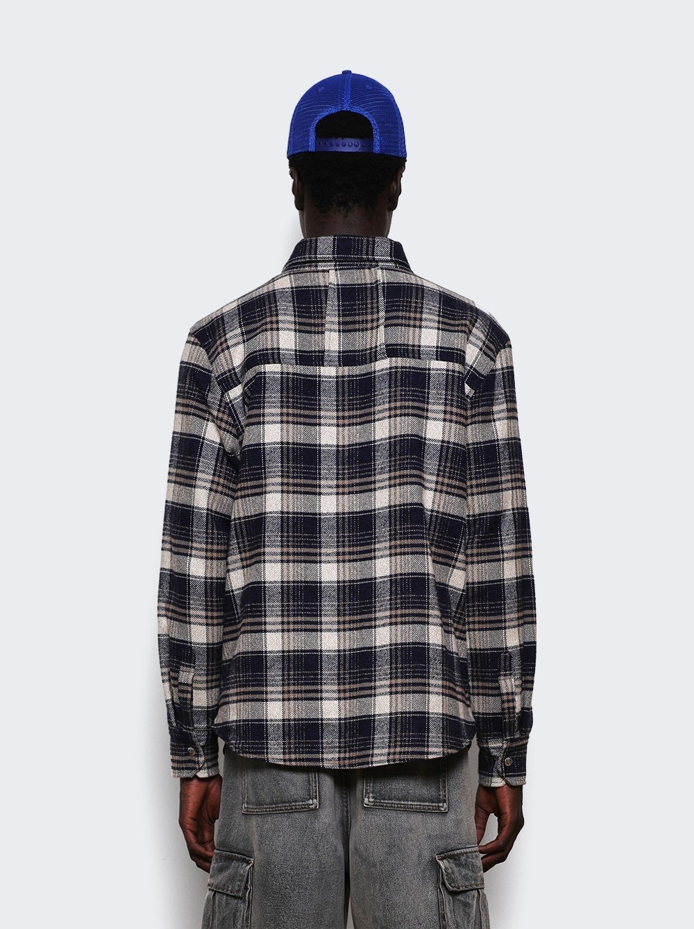 Flannel Long Sleeves Overshirt Dark Navy And Beige - 4