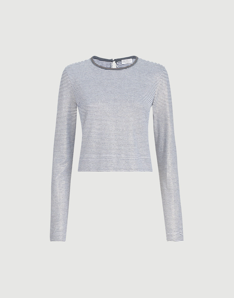 Striped linen lamé jersey top with shiny trim 1