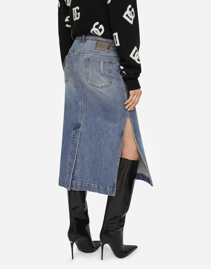 Denim calf-length skirt with logo tag - 4