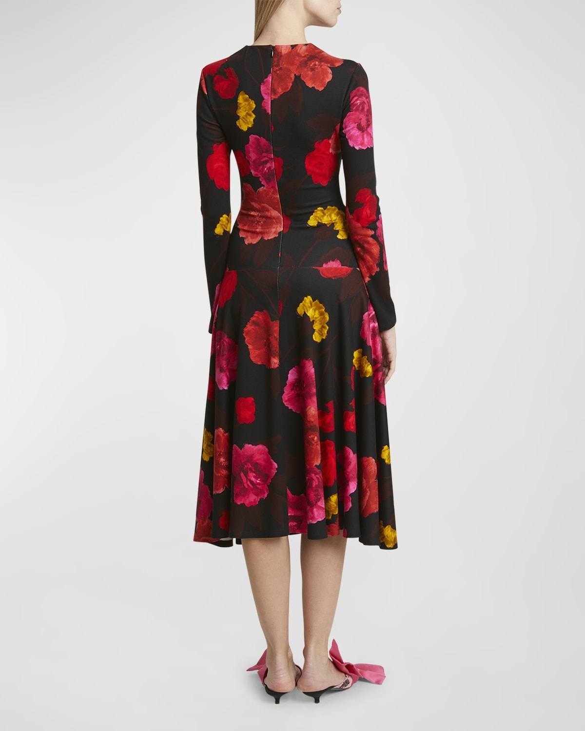 Ruched Floral Long-Sleeve Midi Dress - 6