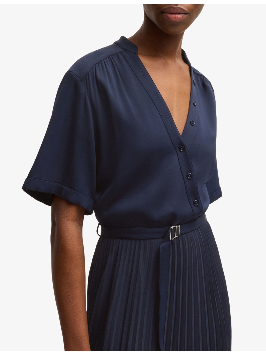 V-Neck Pleated-Skirt Woven Midi Dress - 5
