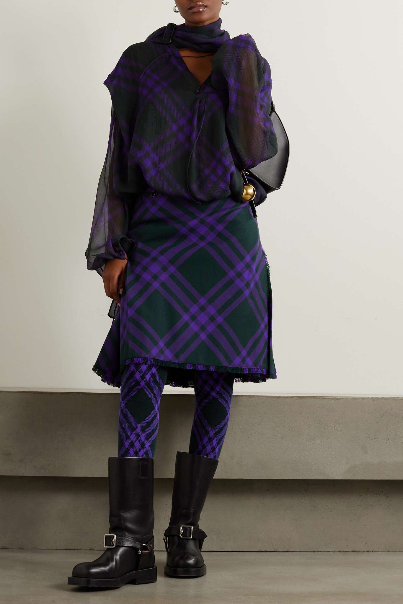 Draped checked silk-chiffon blouse - 4