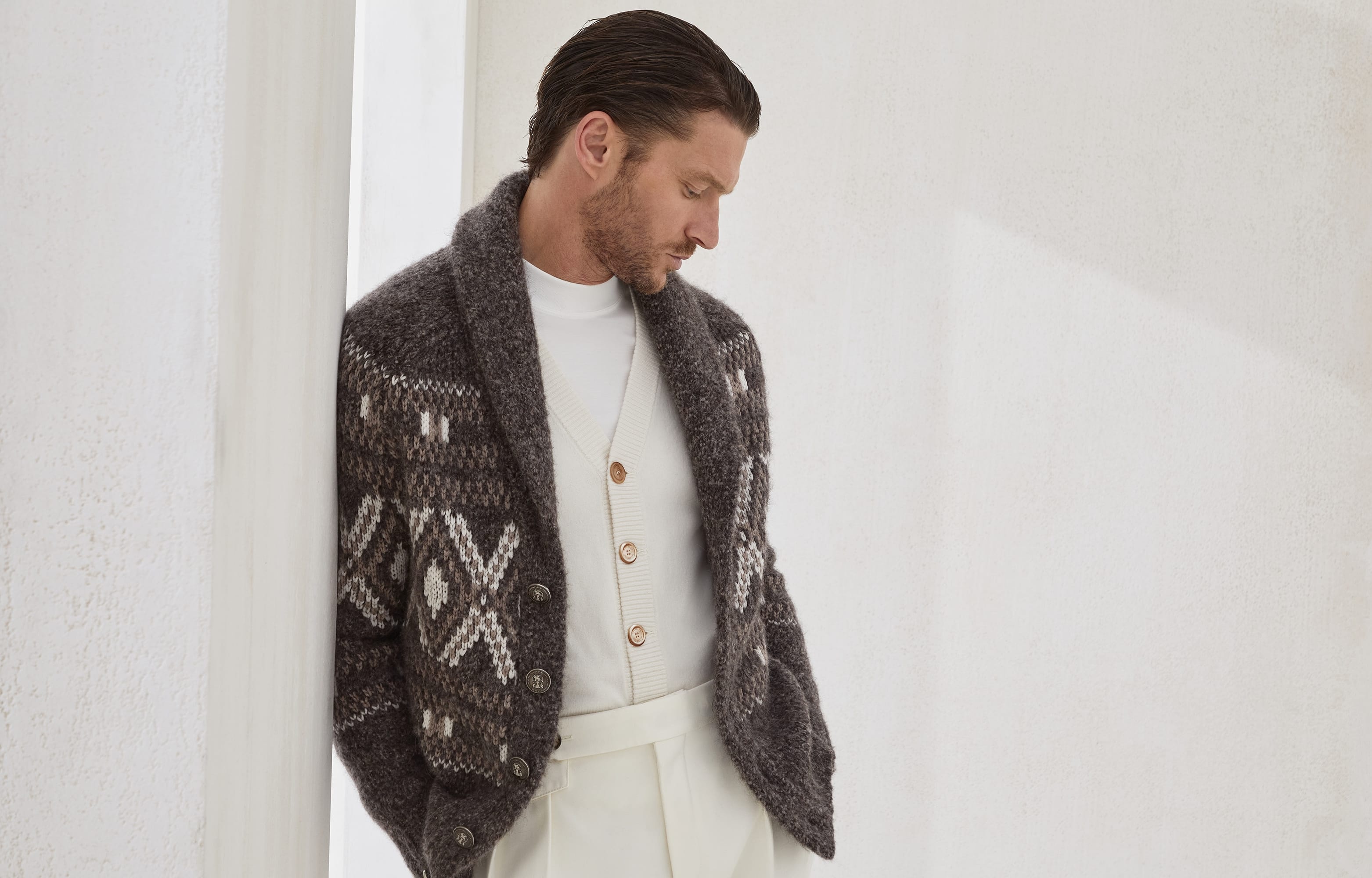 Alpaca, virgin wool and cashmere geometric jacquard cardigan with metal buttons - 6