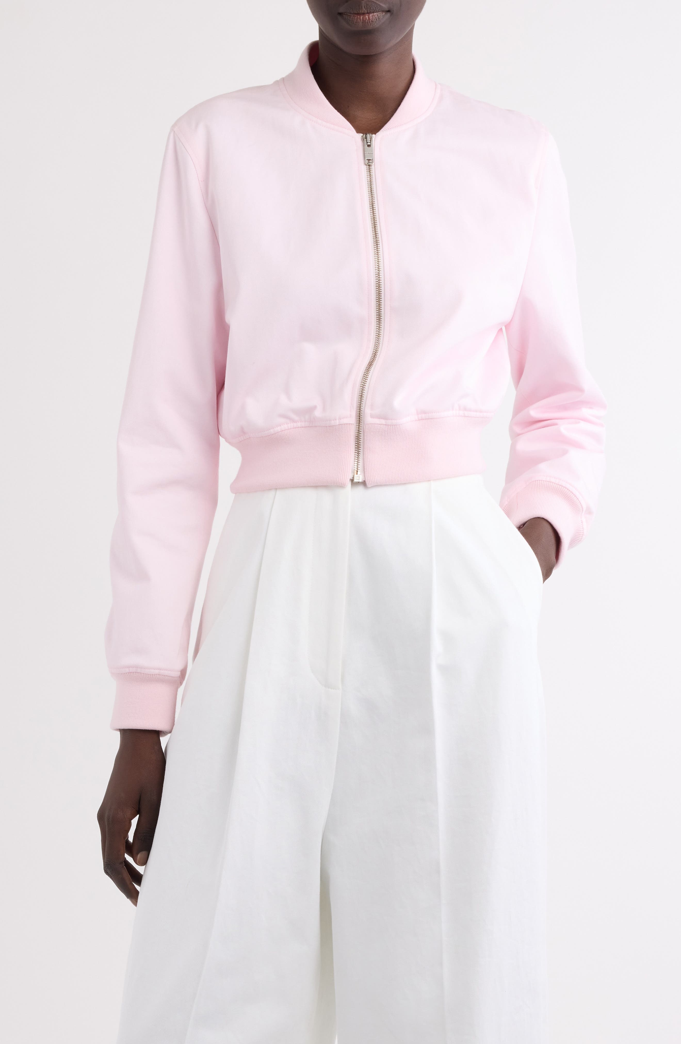Givenchy Logo Embroidered Crop Bomber Jacket in Baby Pink at Nordstrom - 1